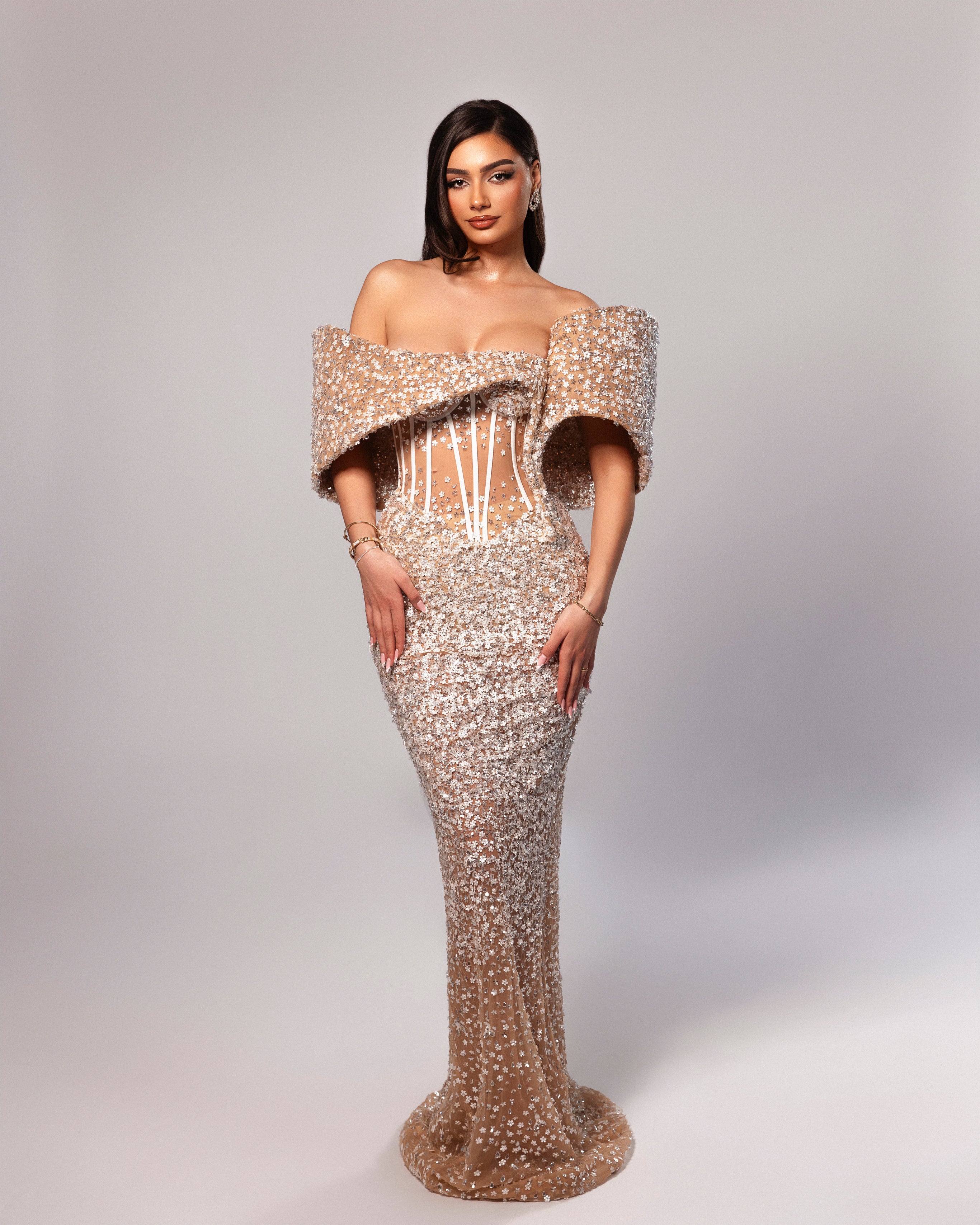 Off Shoulder Embellished Corset Gown with Draped Sleeves