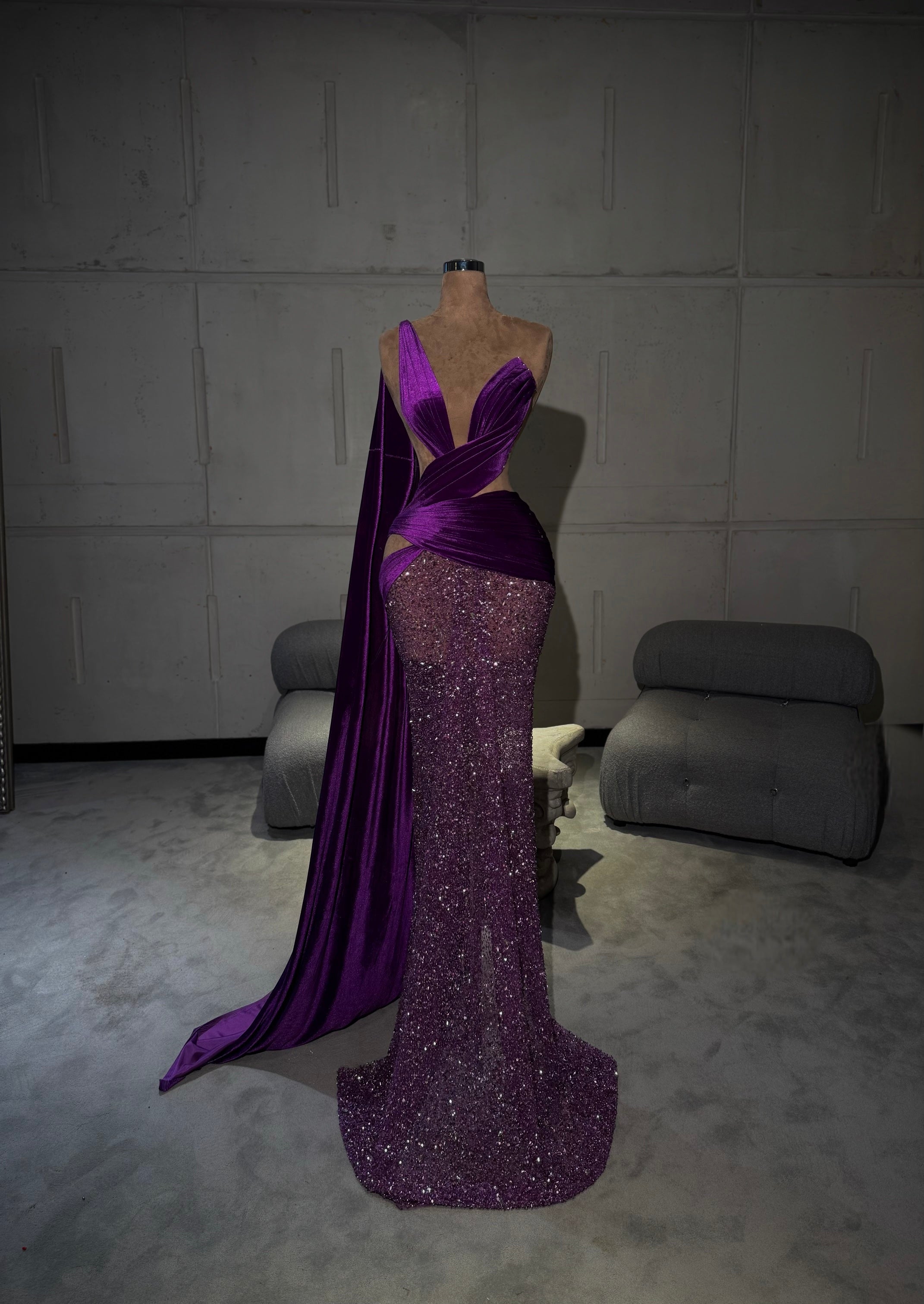 Yarelia - Purple One-Shoulder Draped Crystal Gown