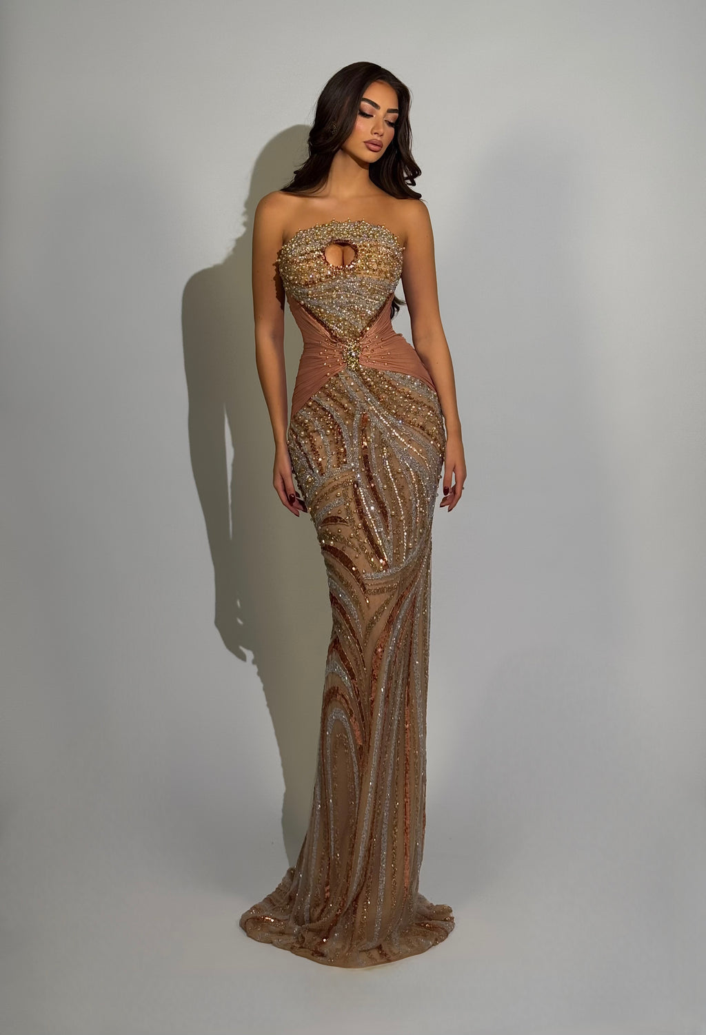 Dionara – Strapless Beaded Corset Gown with Swirl Motif and Center Cutout XL