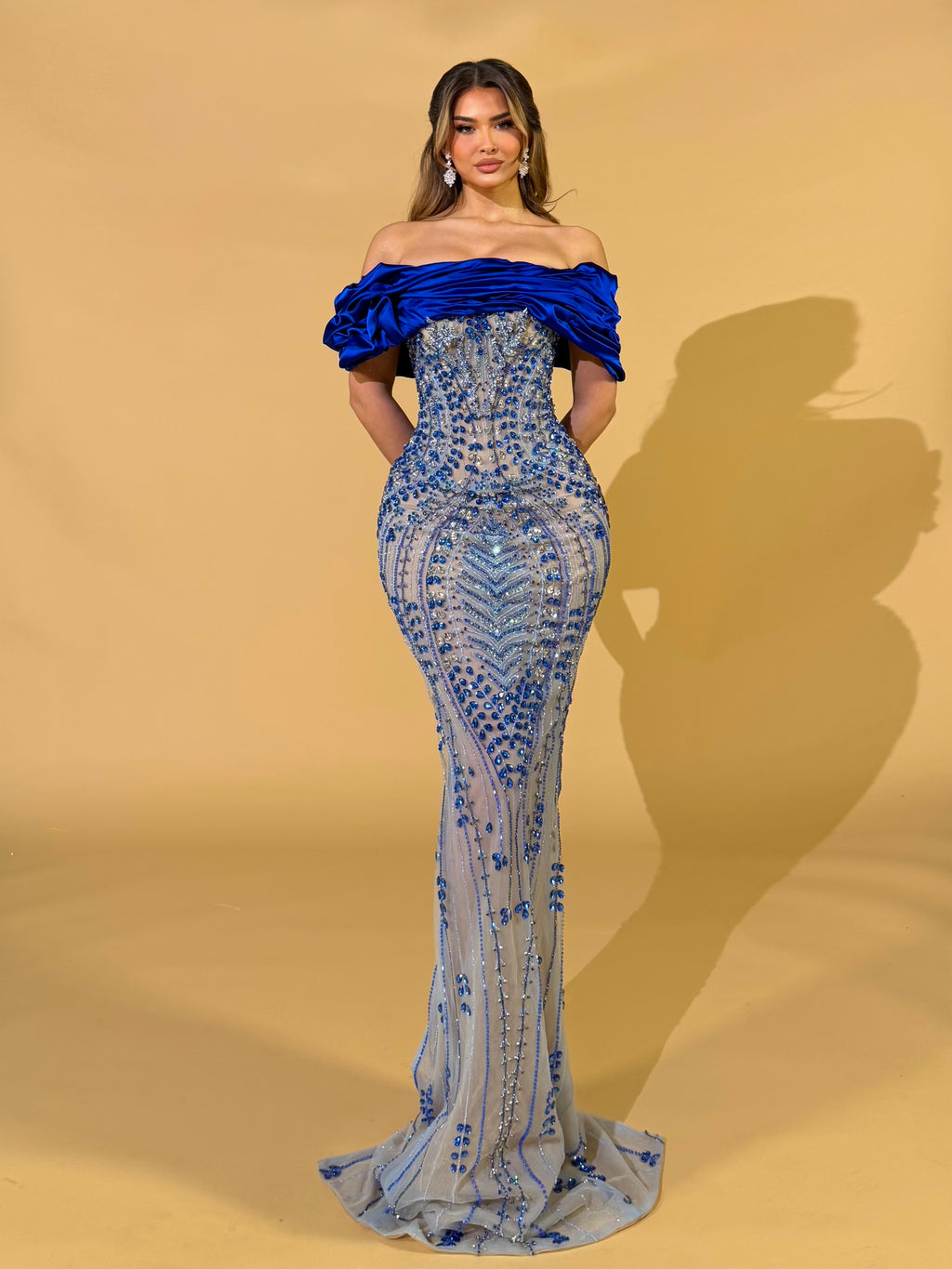 Royal Blue Off Shoulder Crystal Beaded Gown with Satin Draping