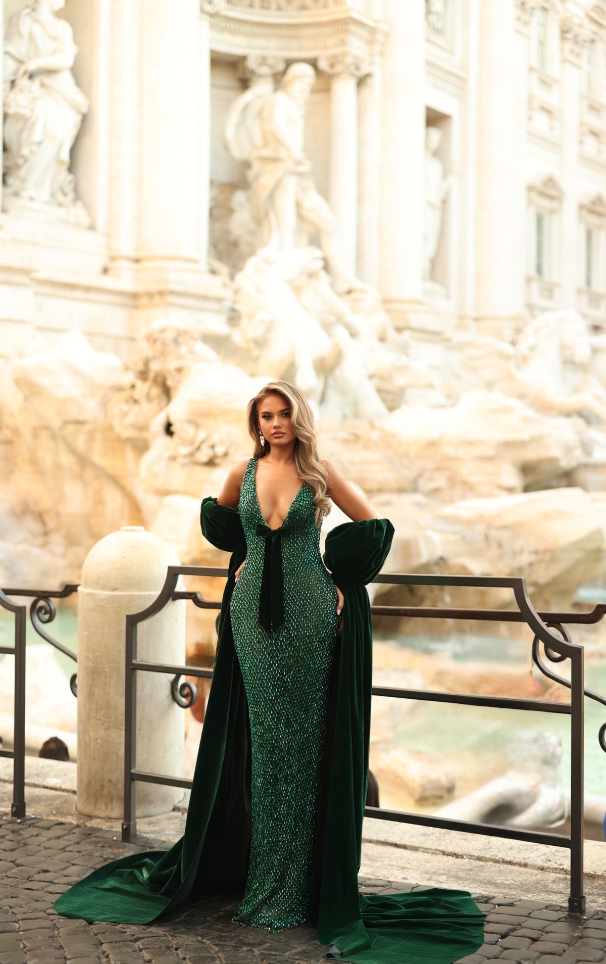 Marina - Beaded gown with velvet cape sleeve