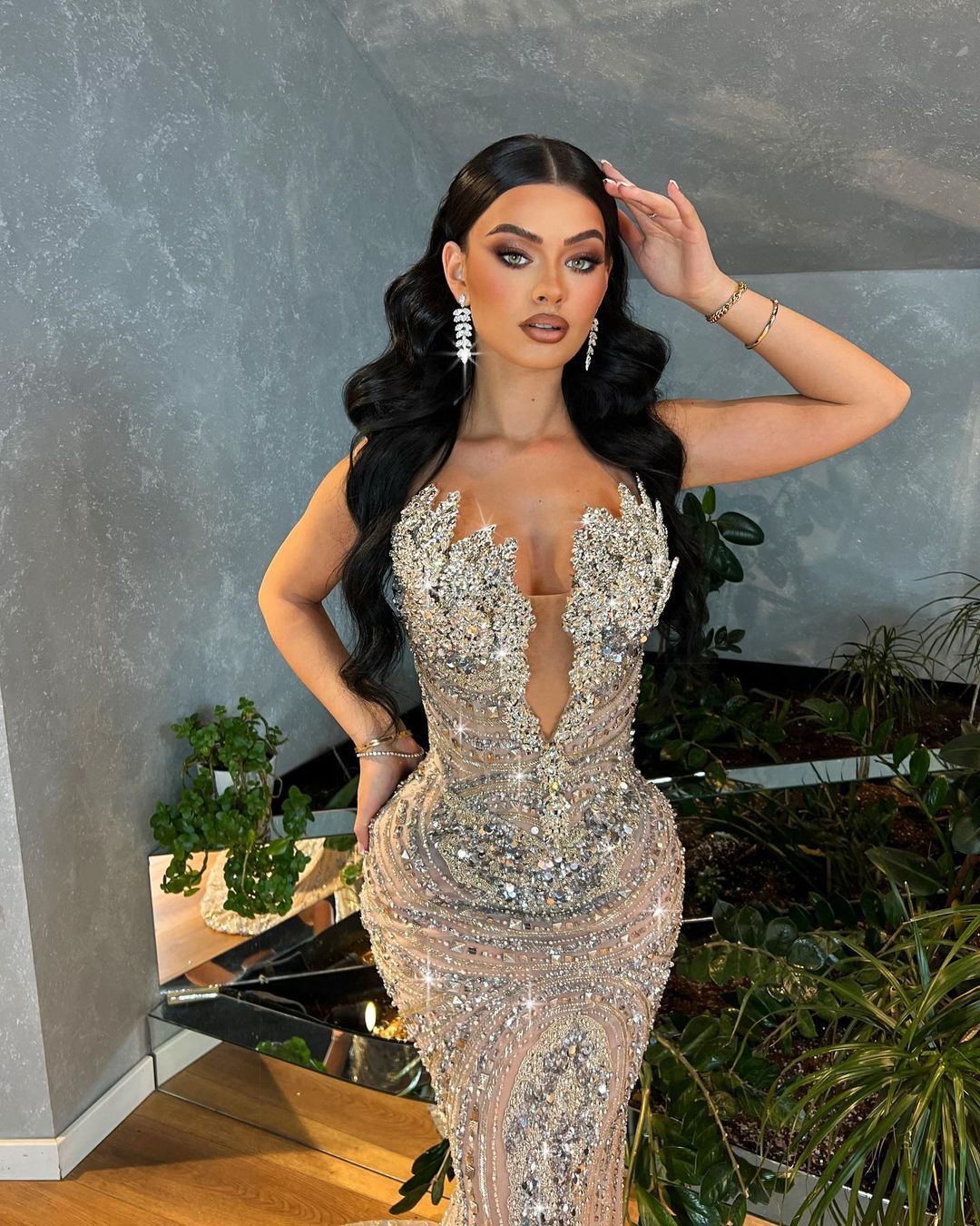 Silver Beaded Dress with Rhinestone Corset