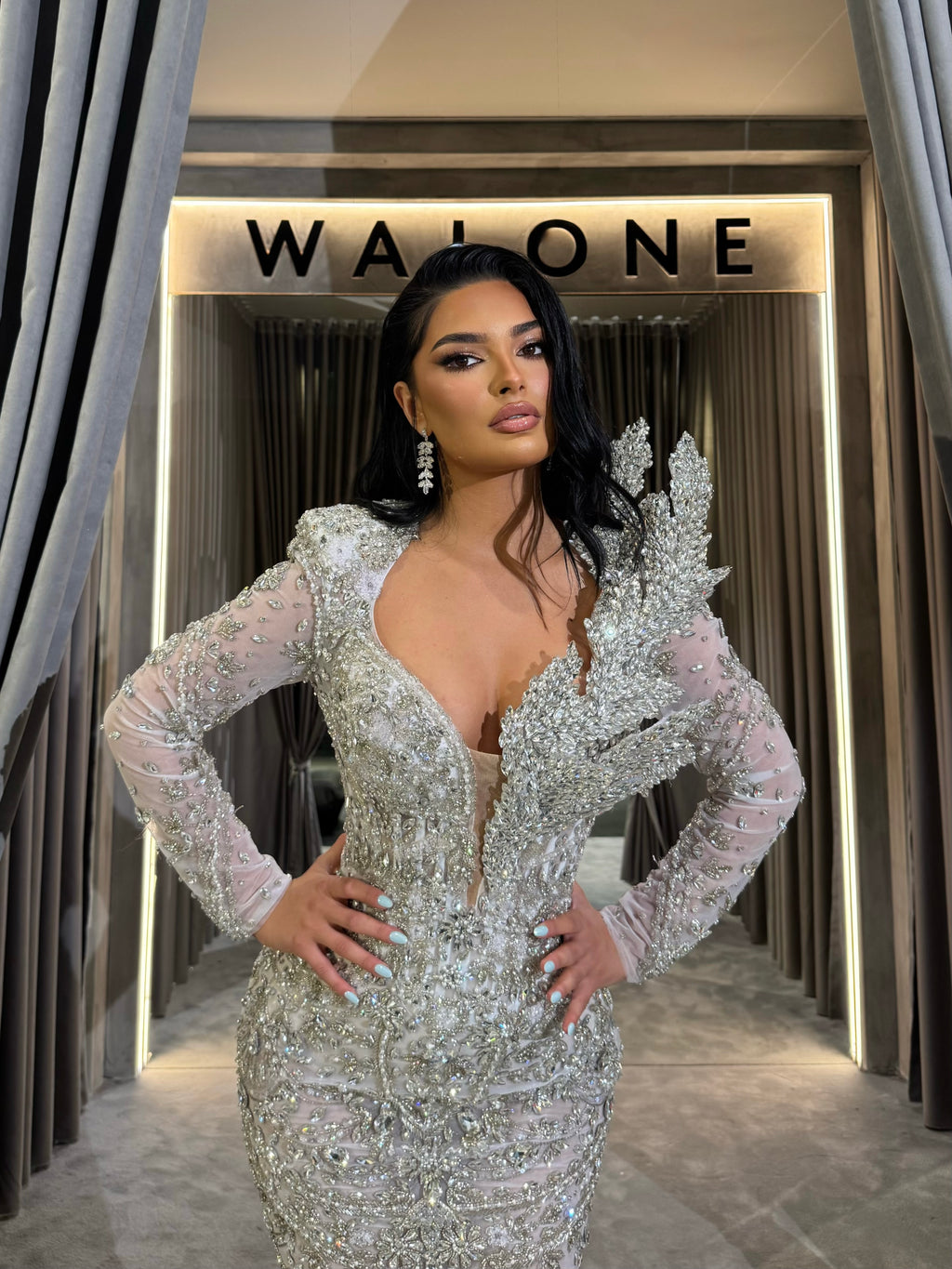 Long Sleeve Embellished Silver Mermaid Dress