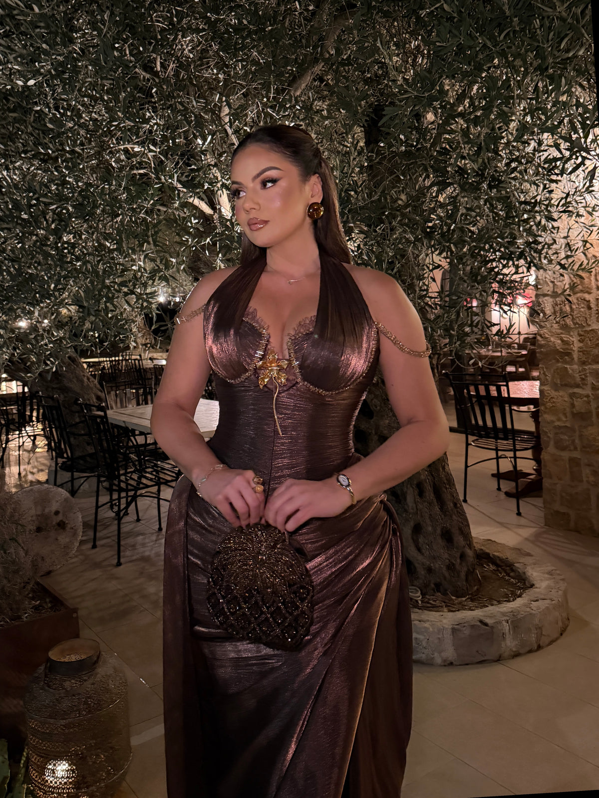 Meliana - Metallic corset draped gown