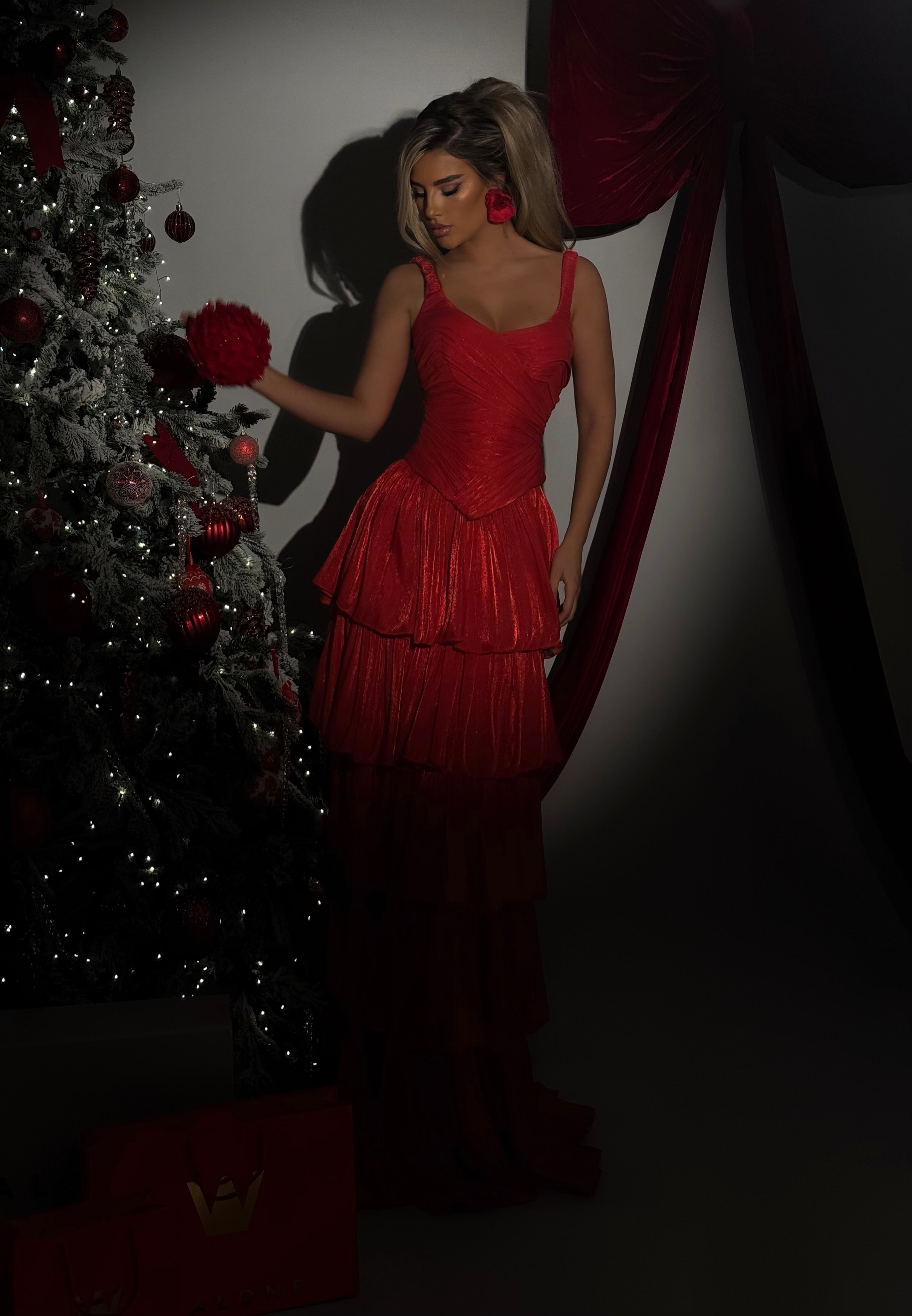 Aureliana - Ruby Red Tiered Ruffle Gown