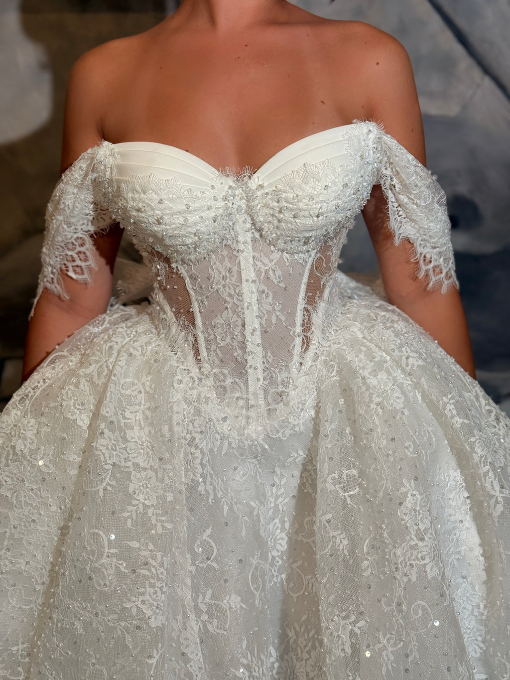 Monea - Off shoulder lace corset gown