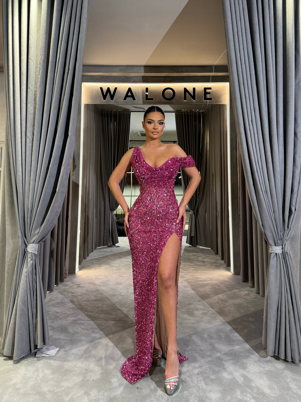 Fuchsia Glitter Gown with Sweetheart Neckline and Slit