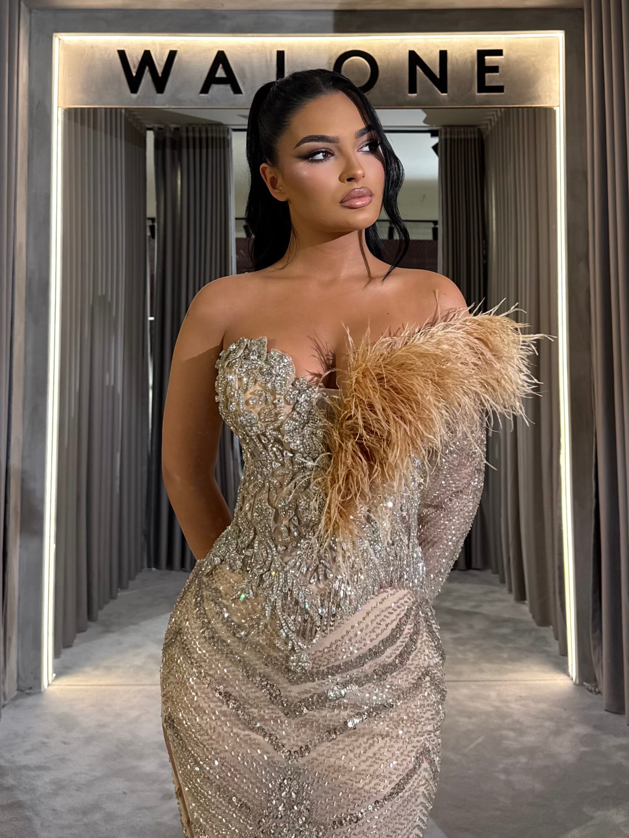 Champagne Long Dress with Feather Detailing and Crystal Embellishments