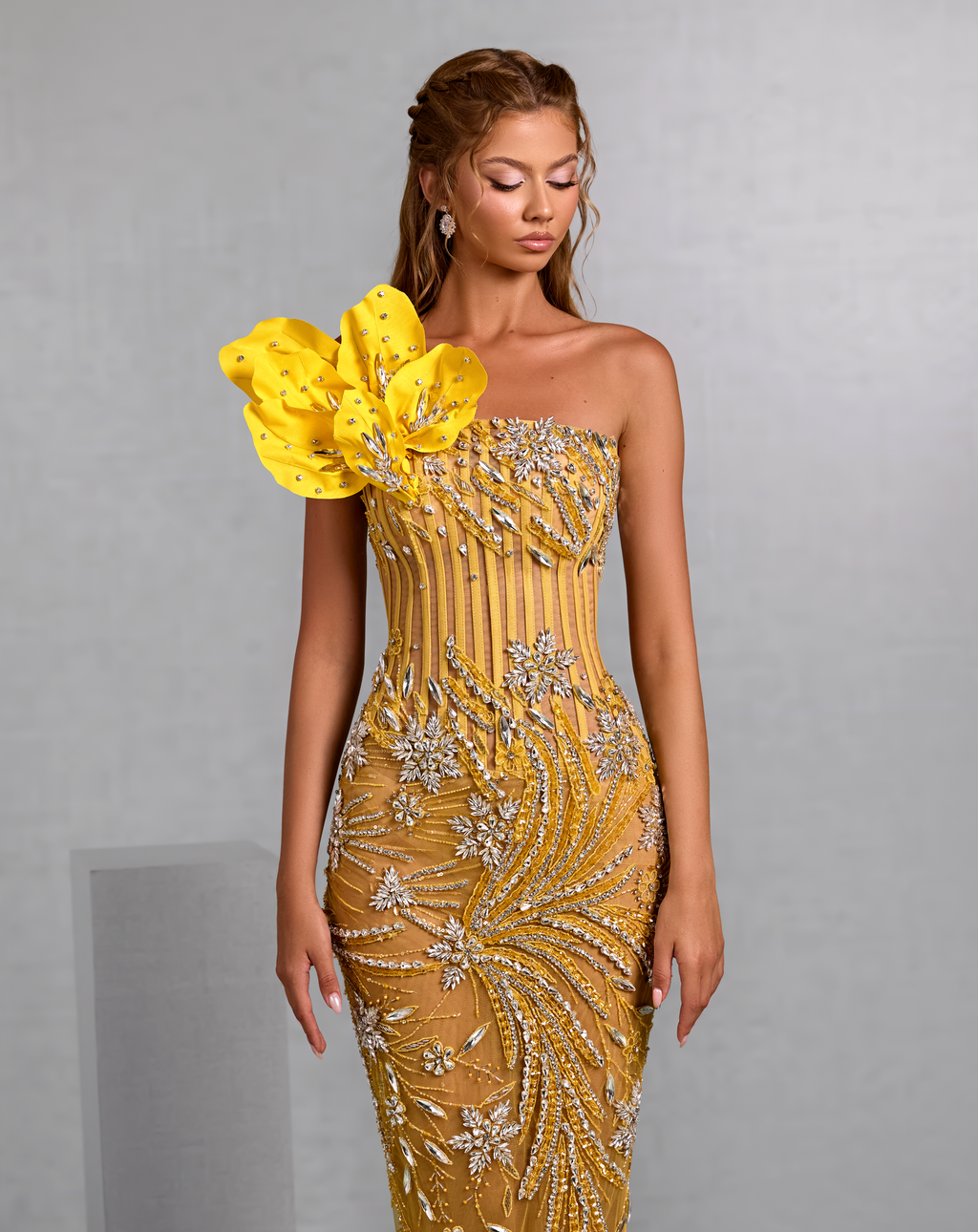 Yellow Mermaid Gown with Vine Motif and Floral Embellishment