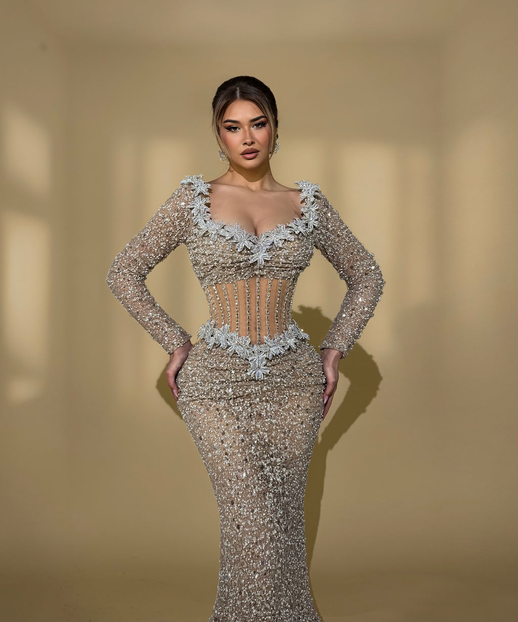 Floral Embroidered Gown with Sheer Corset Waist