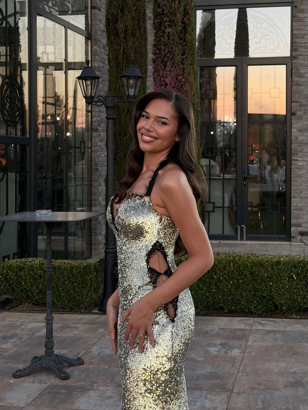Arieta - Sequin halter cutout gown