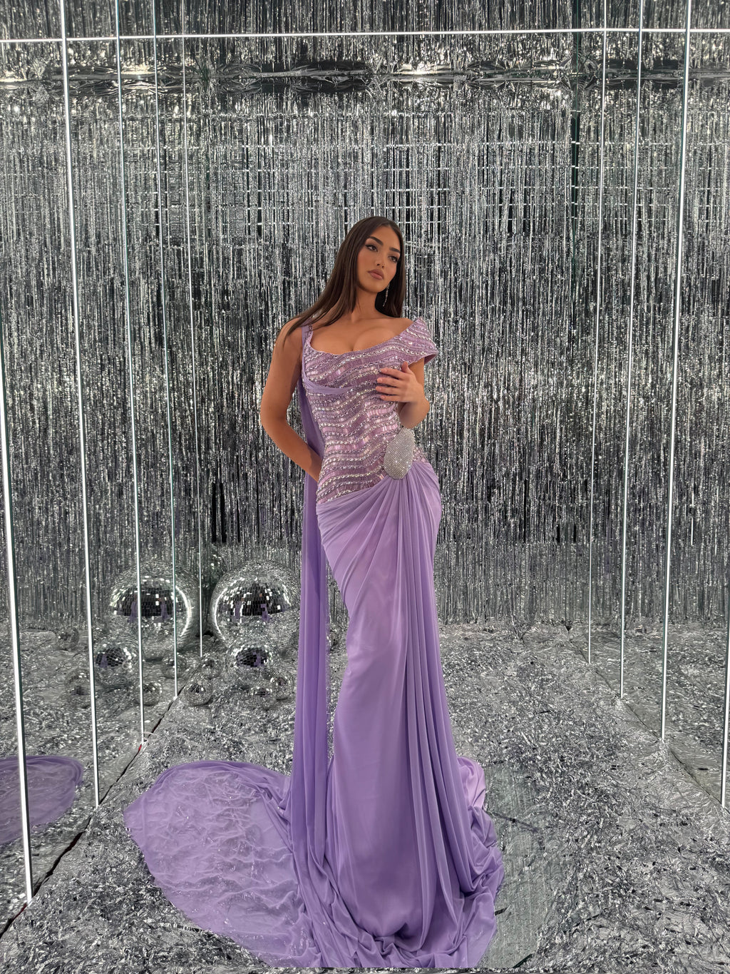 Elara – Lavender Draped Crystal Gown