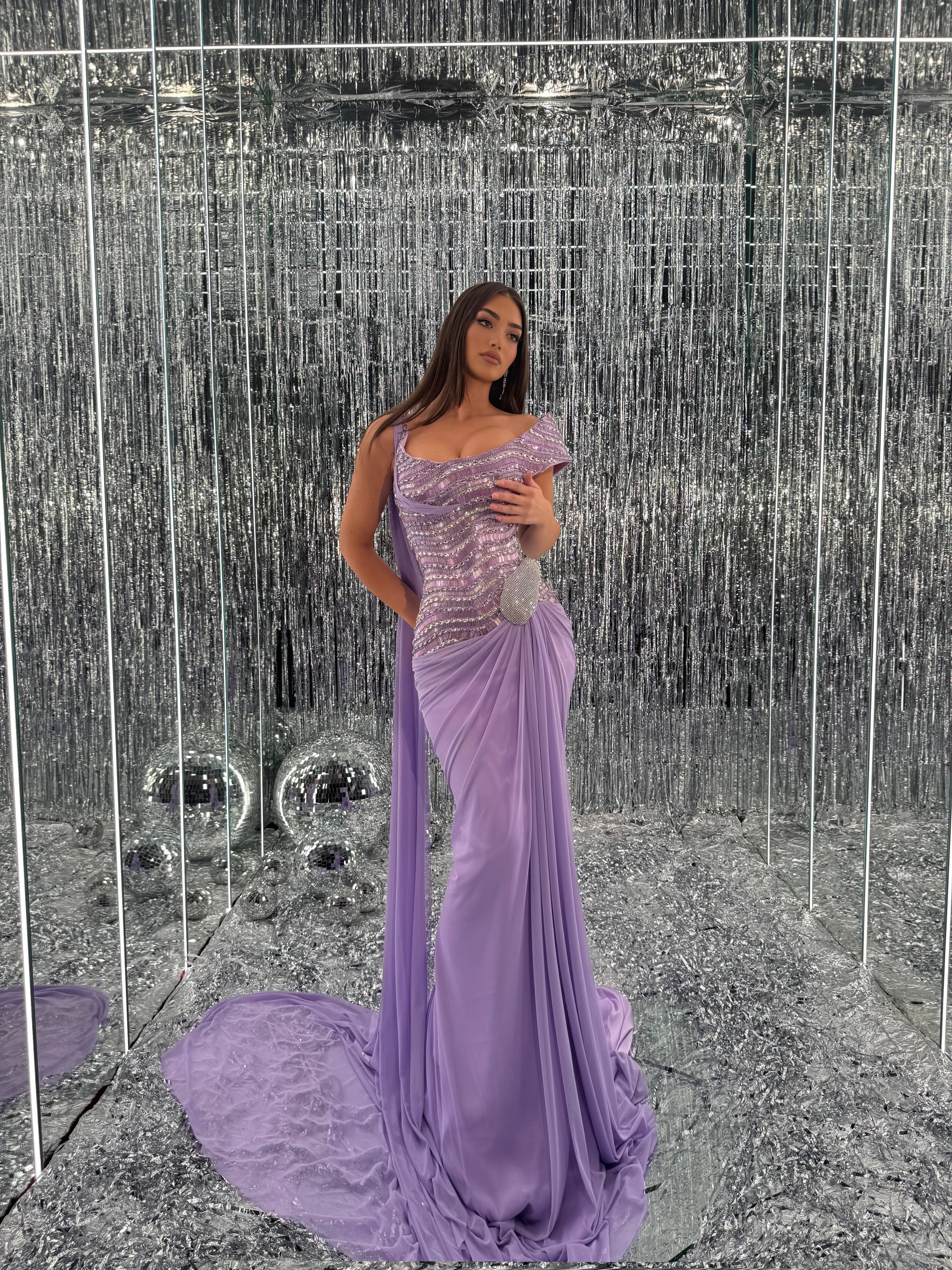 Elara – Lavender Draped Crystal Gown