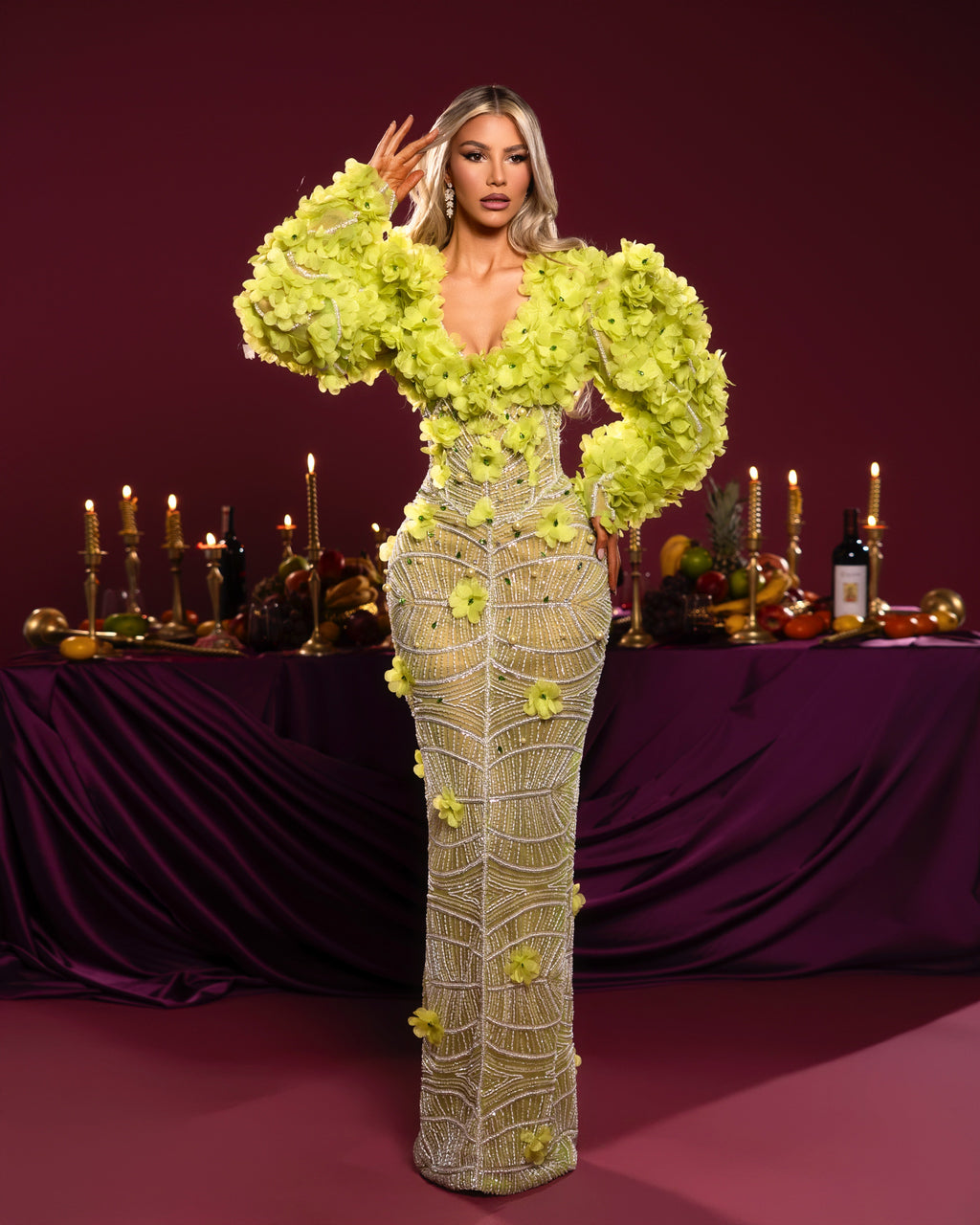 Neon Yellow Floral Embellished Gown