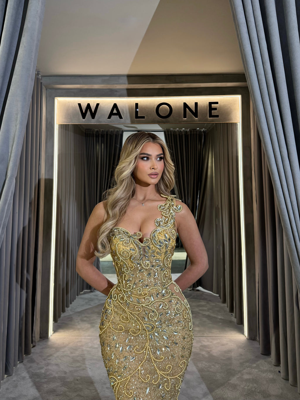 Plunging Sweetheart Gold Sequin Gown with Beadwork