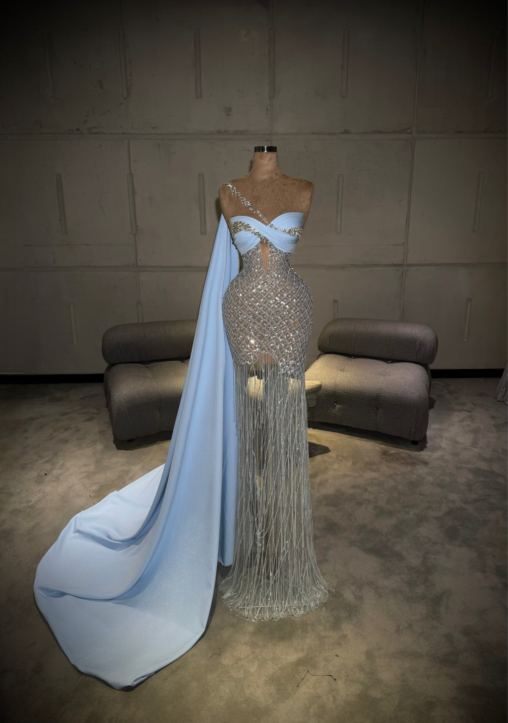Eline - Ice Blue Crystal Fringe Gown