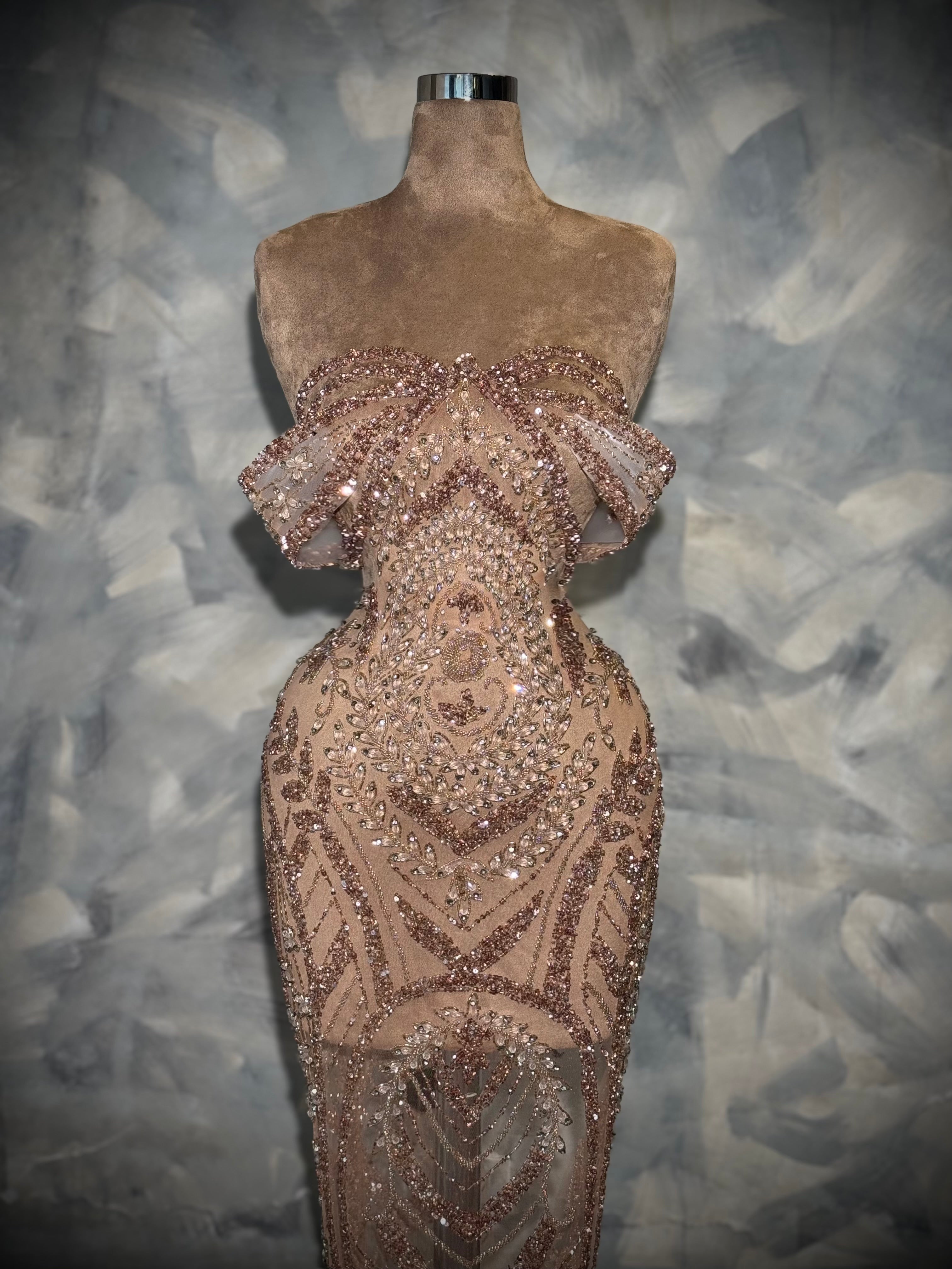 Aymeline - Off shoulder blush pink beaded gown