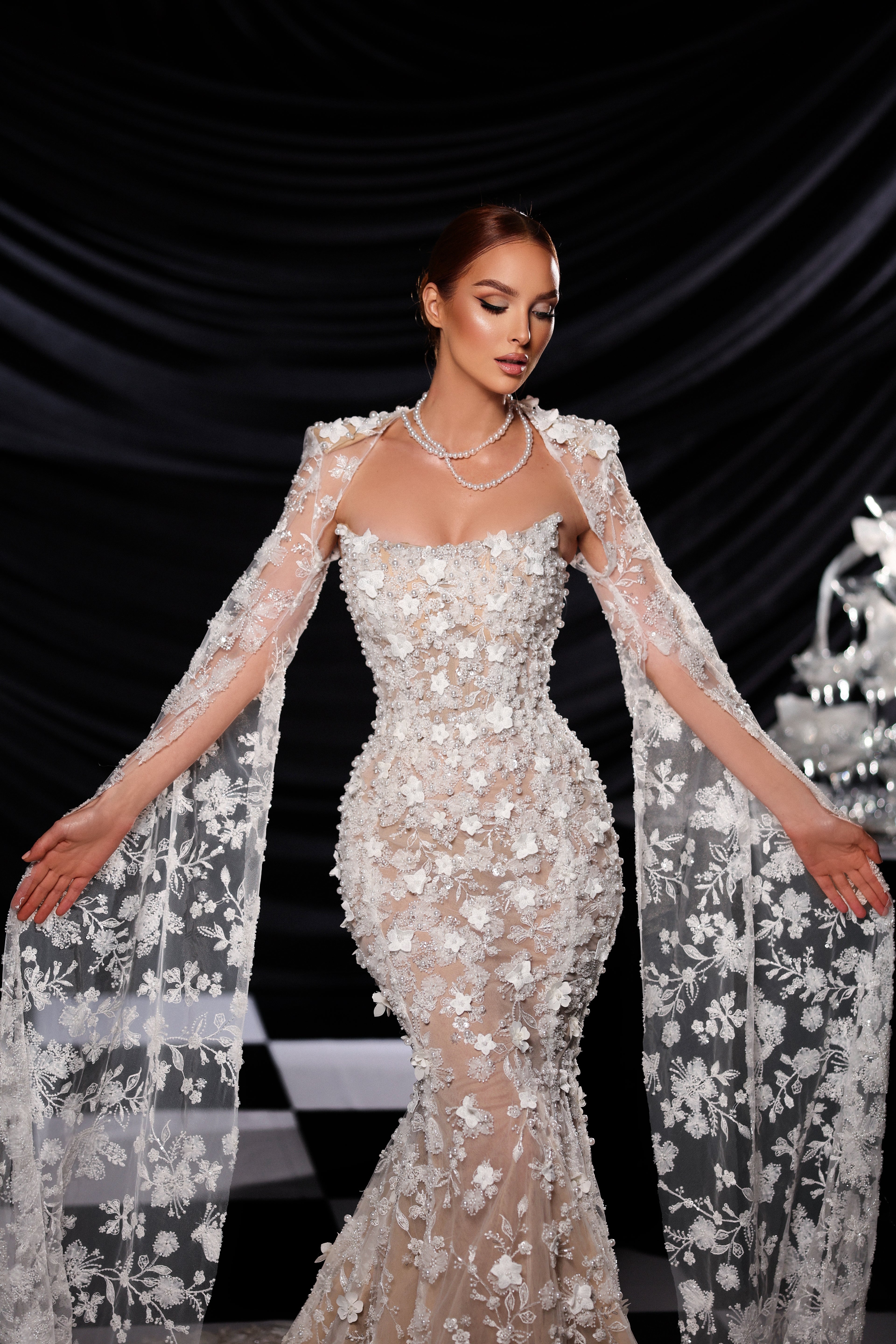3D Lace Appliqué Bridal Gown with Sheer Cape Sleeves