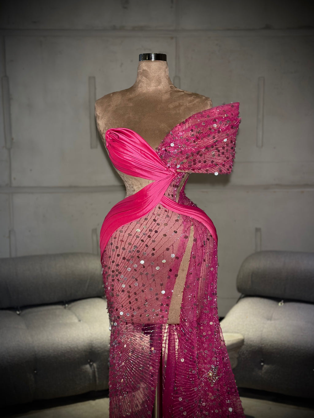 Erèla - Pink One Shoulder Beaded Gown