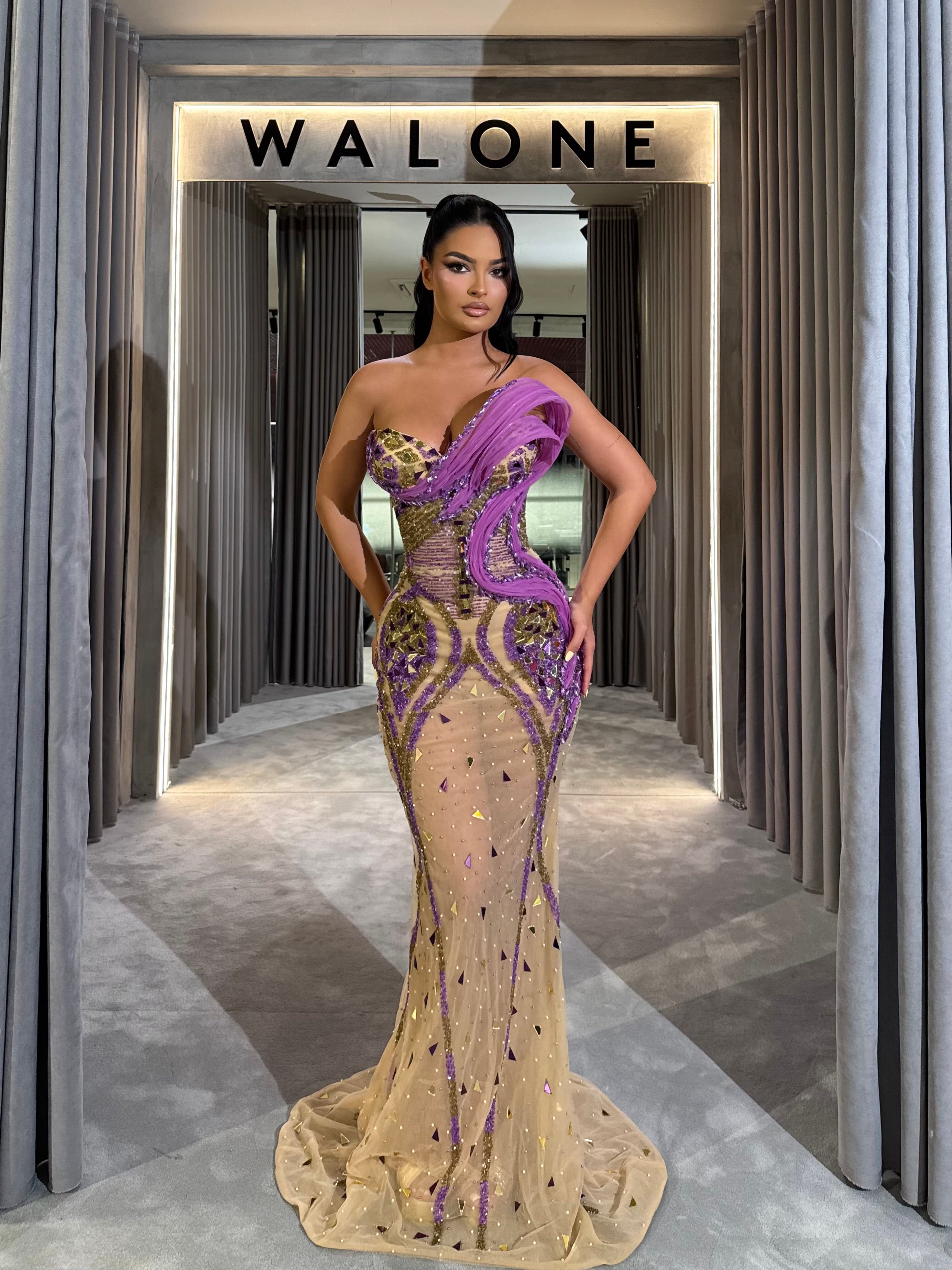 Nude Dress with purple & gold detailing – Walone LLC Nude Dress with purple & gold detailing – Walone LLC
