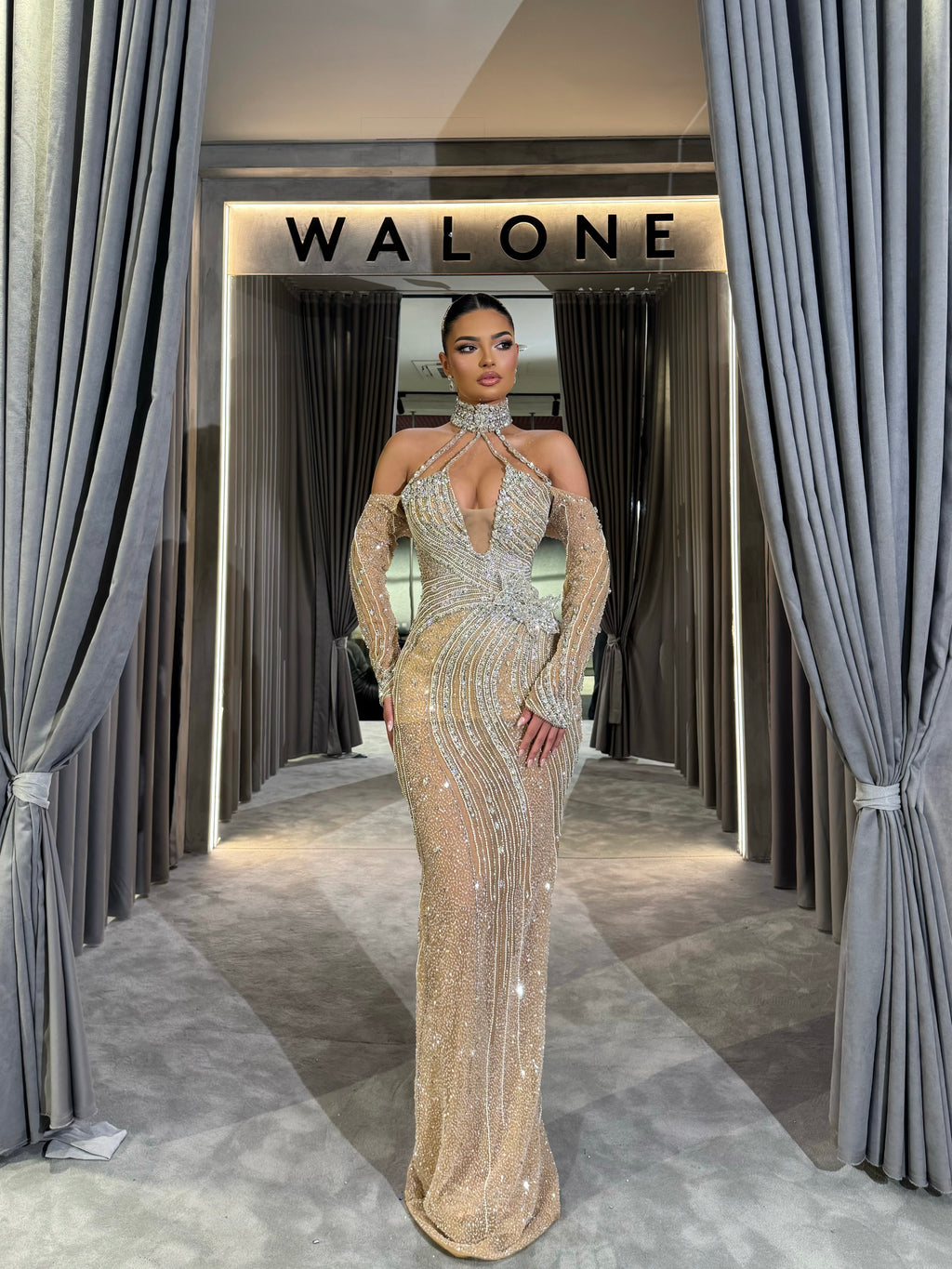 Champagne Crystal Choker Gown with Sheer Sleeves