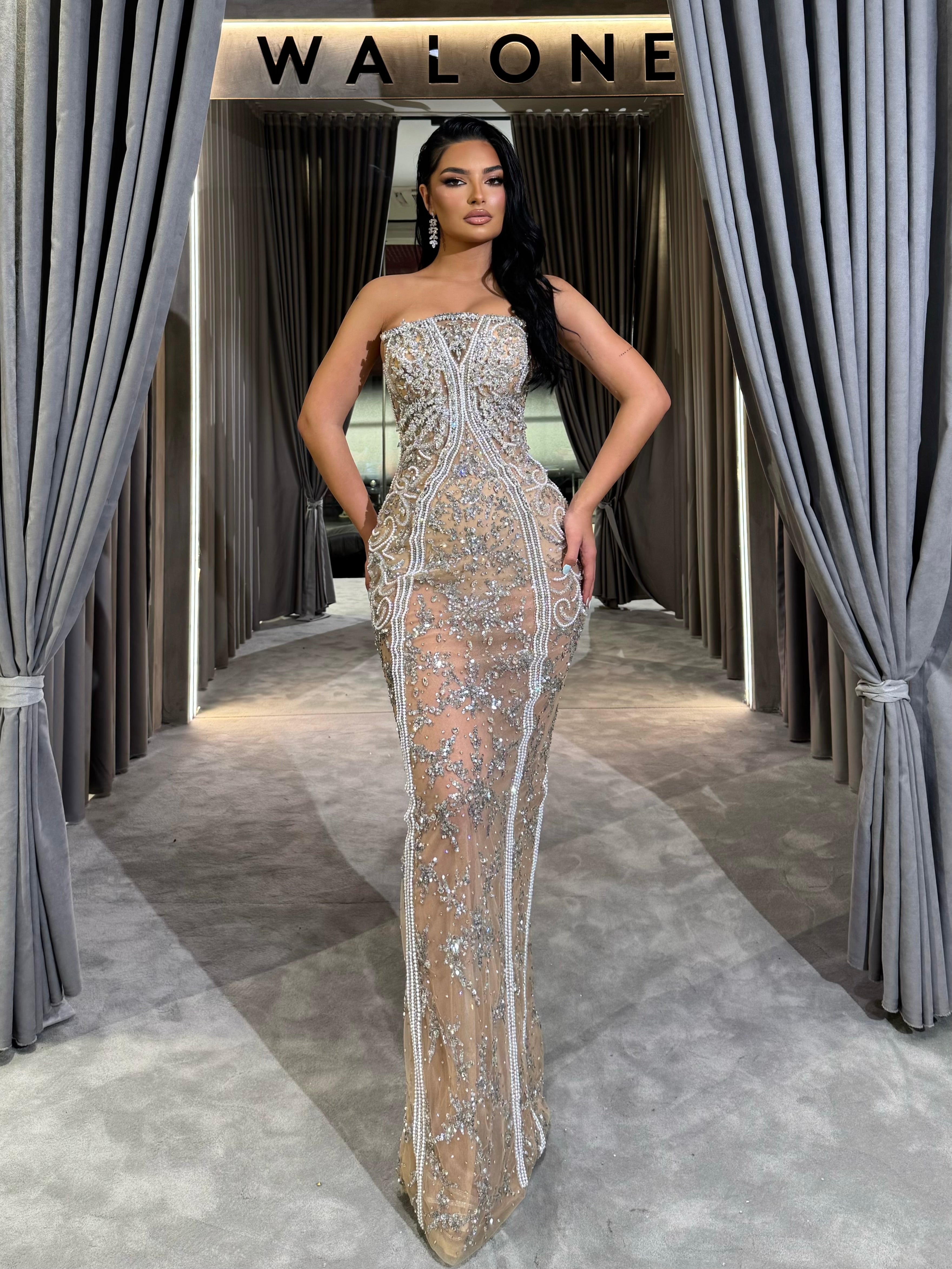 Strapless Beaded Gown with Detachable Bow Sleeves