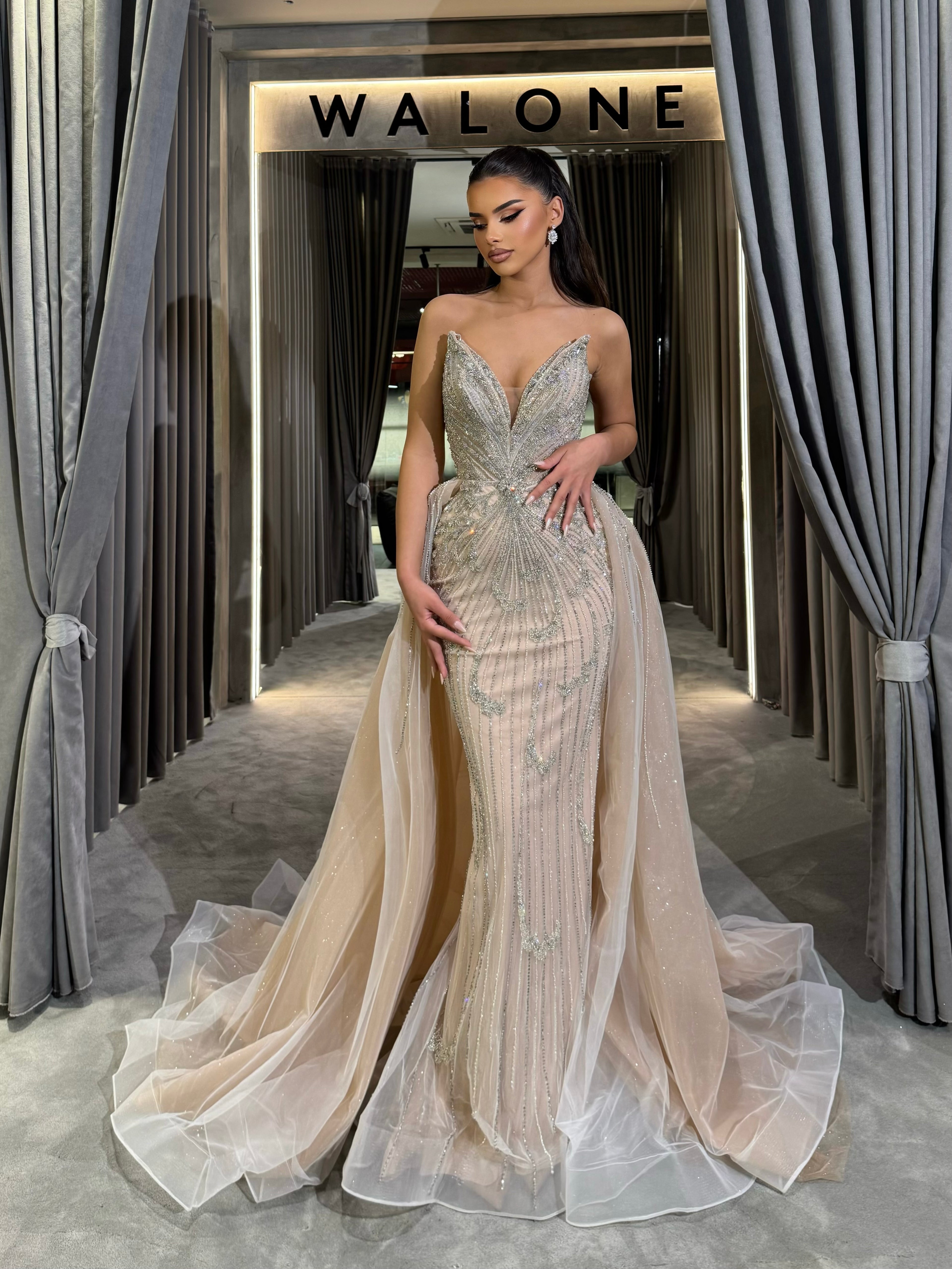 Long Dress with Deep V Neck and Glitter Tulle Layers S Long Dress with Deep V Neck and Glitter Tulle Layers S