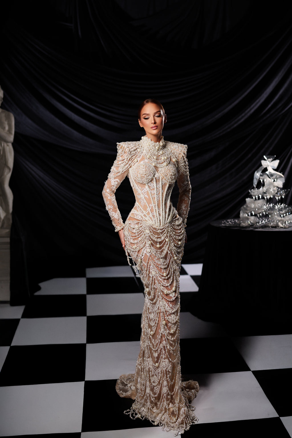 Pearl Embellished Long Sleeve Gown