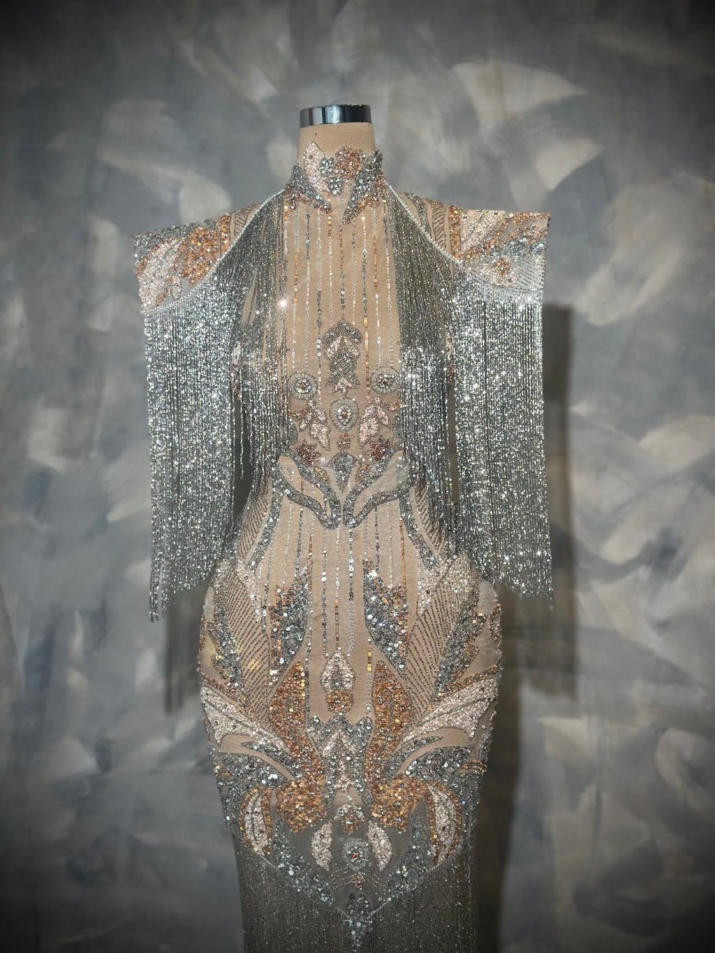 Liénora - Silver & Rose Gold Beaded Fringe Gown
