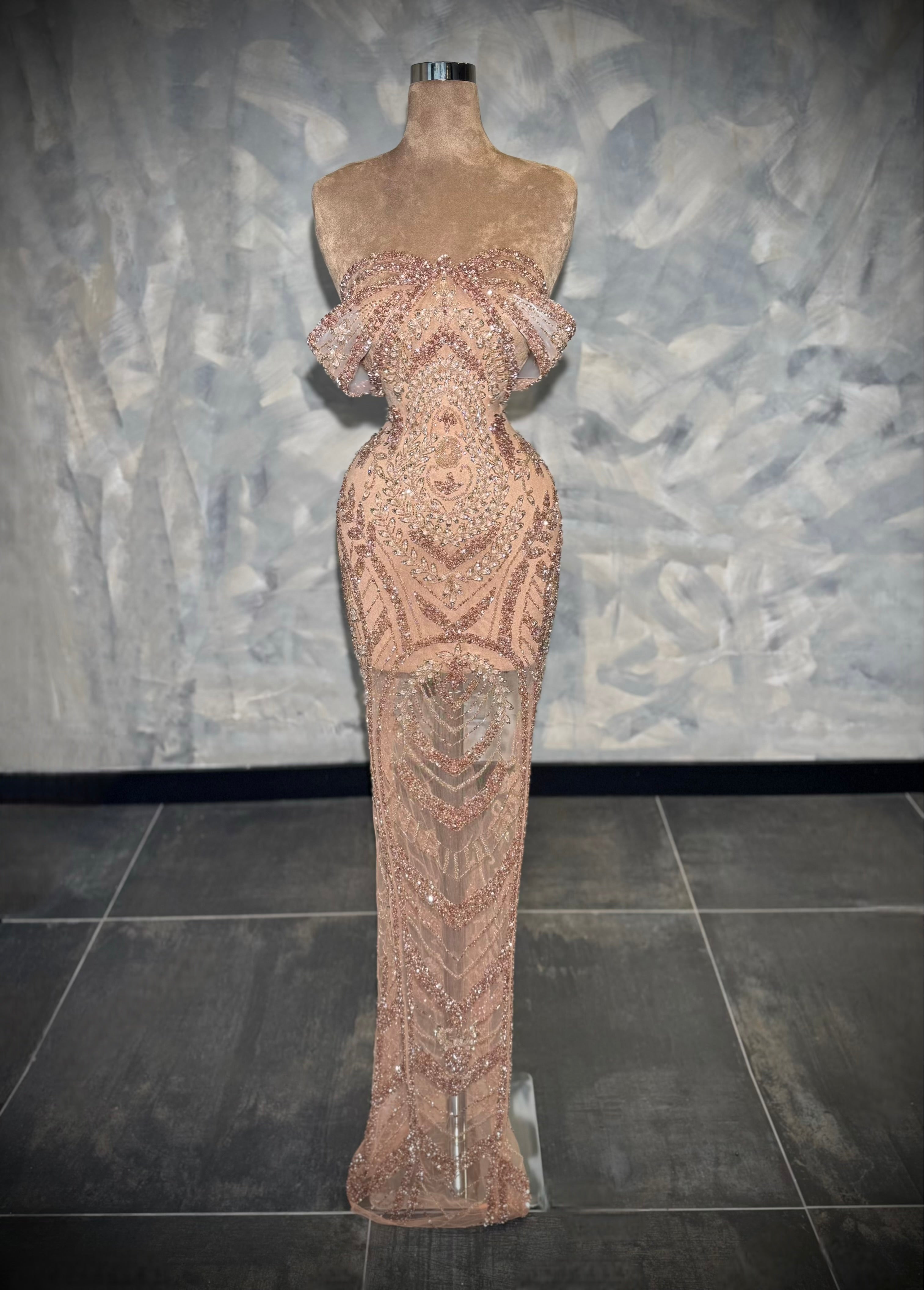 Aymeline - Off shoulder blush pink beaded gown