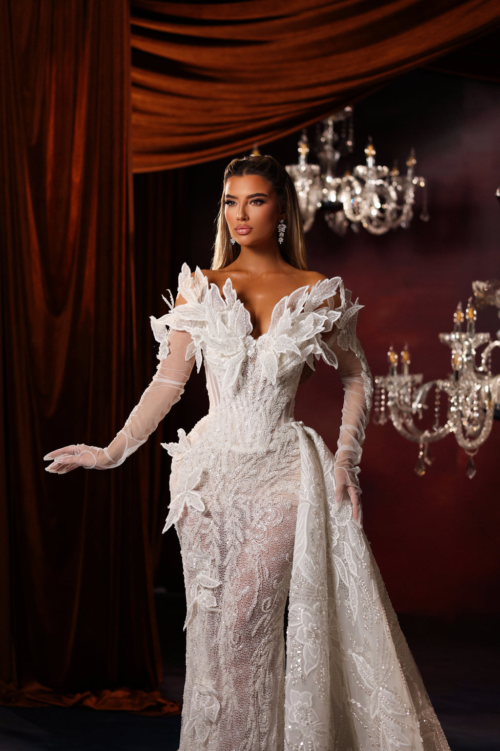 Floral Applique Strapless Bridal Gown with Gloves