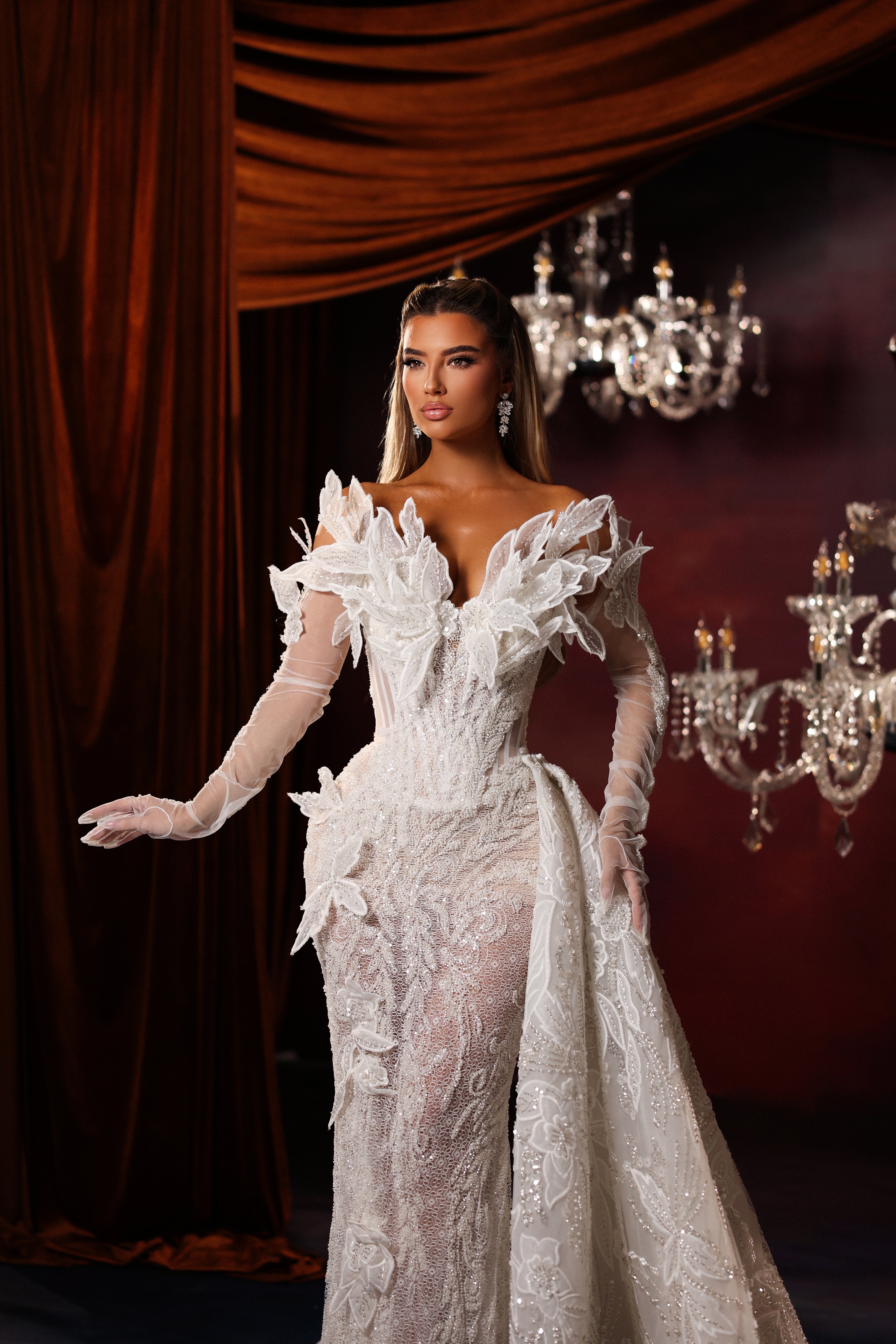 Floral Applique Strapless Bridal Gown with Gloves