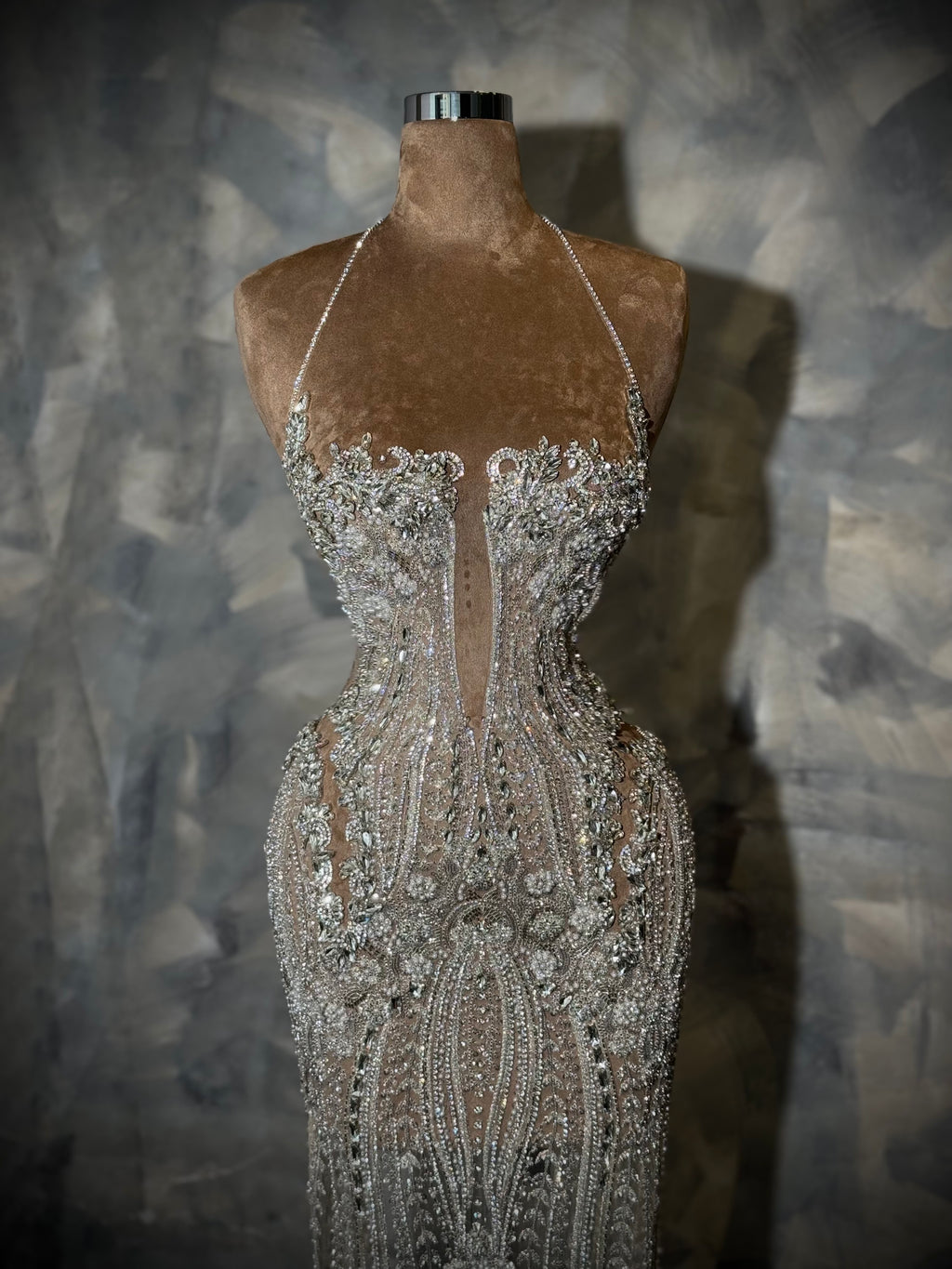 Elène – Silver Beaded Halter Gown