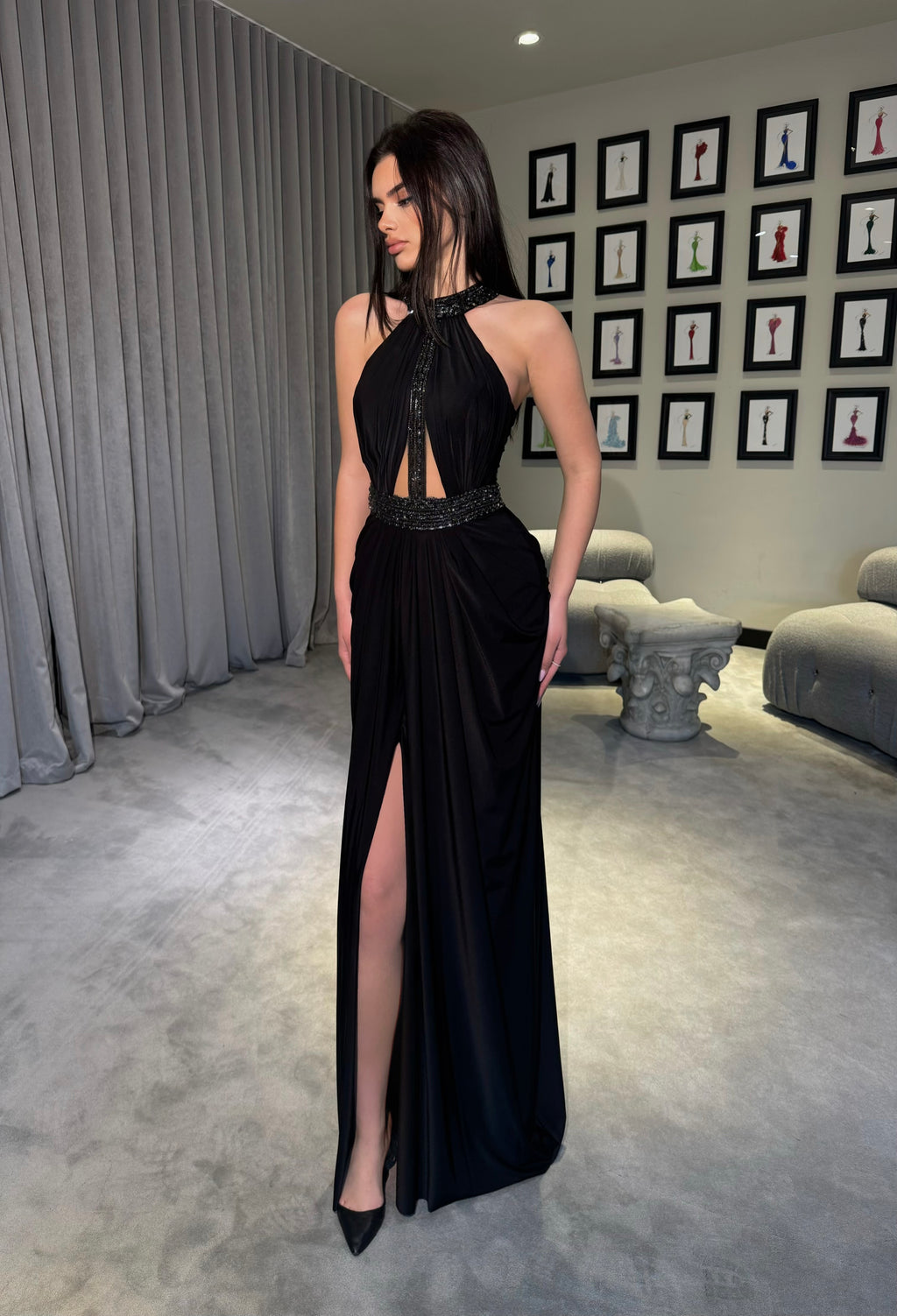 Alisse - Halter Gown with Beaded Neckline