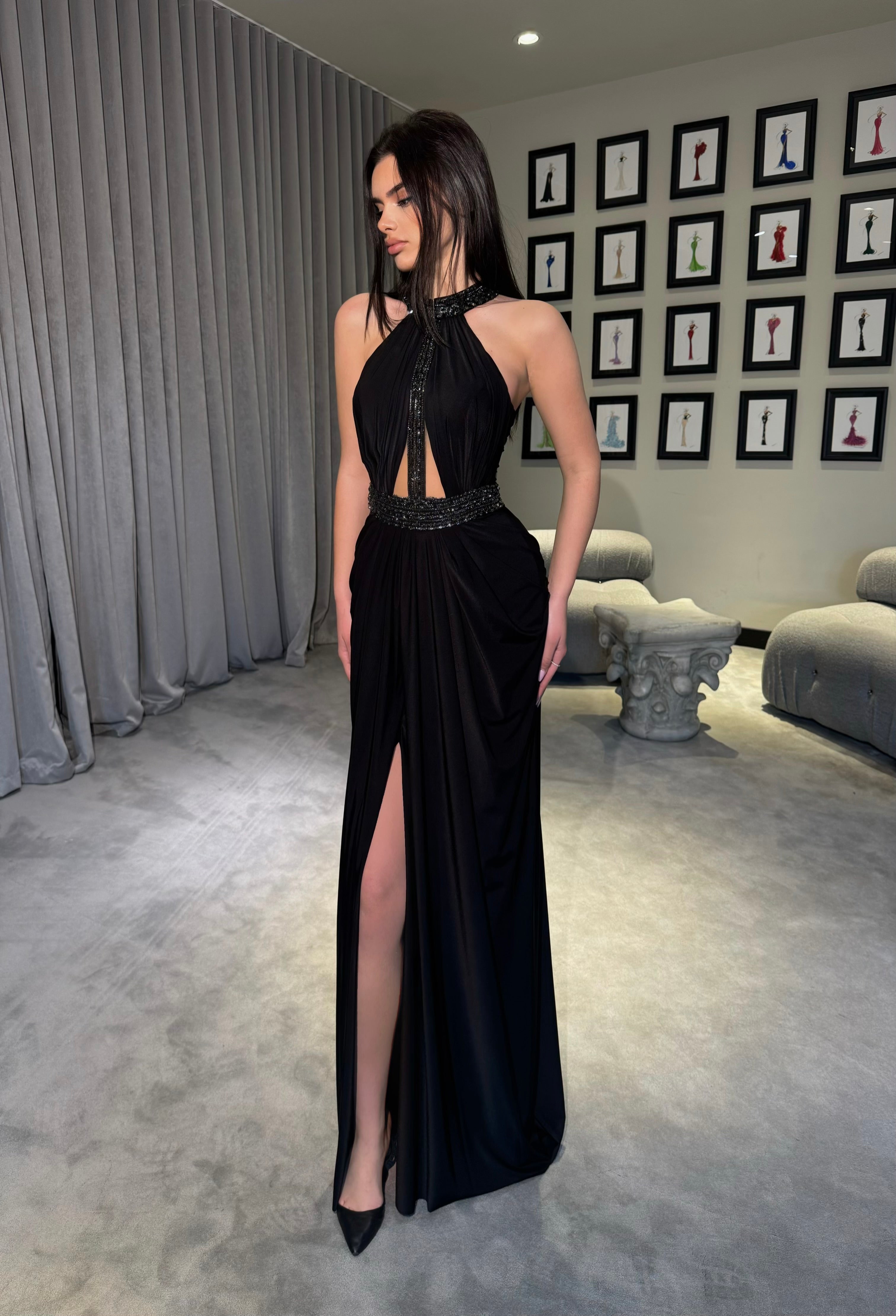 Alisse - Halter Gown with Beaded Neckline