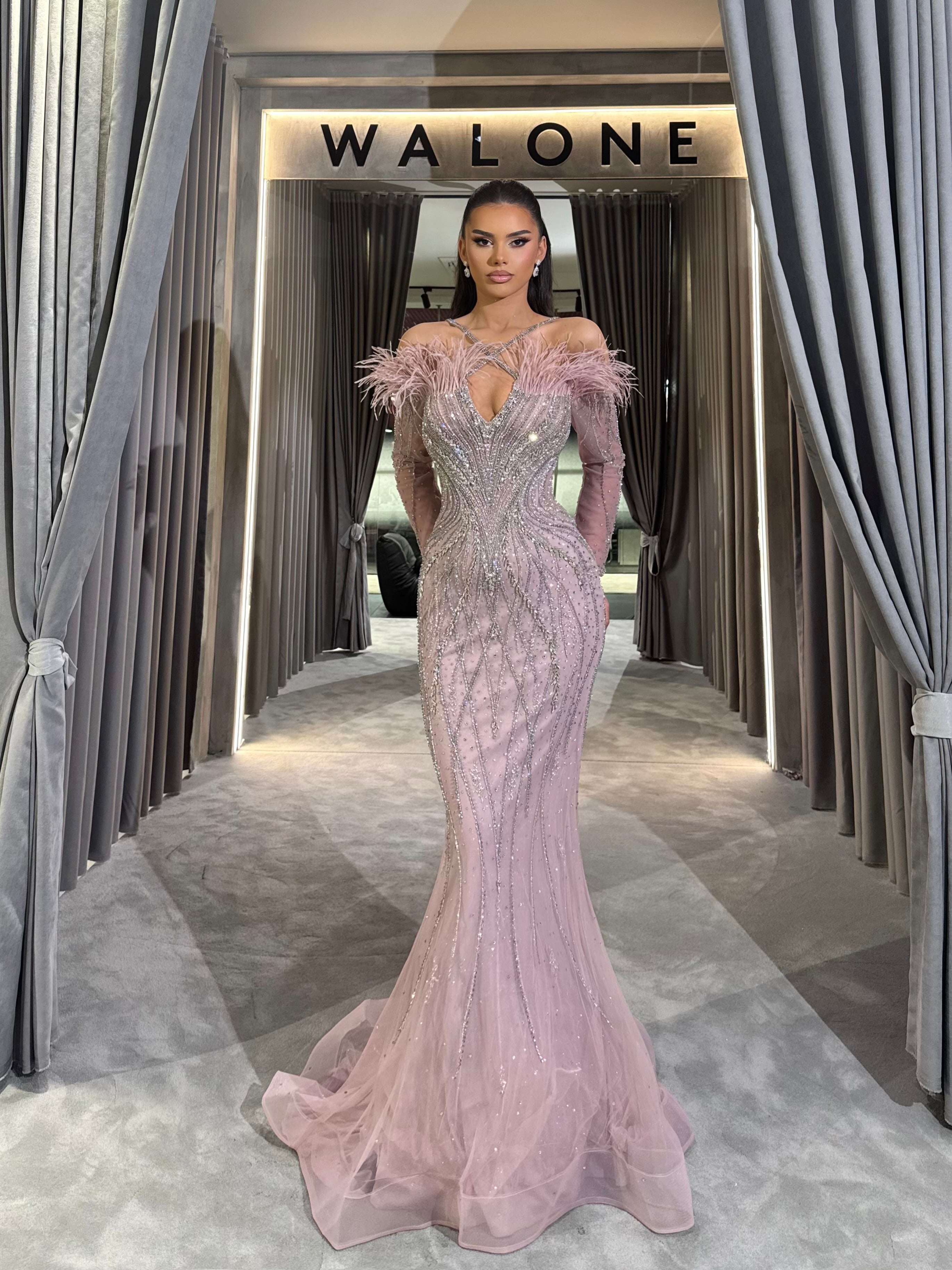 Dusty Pink & Beige Dress with Beading and Feather Accents