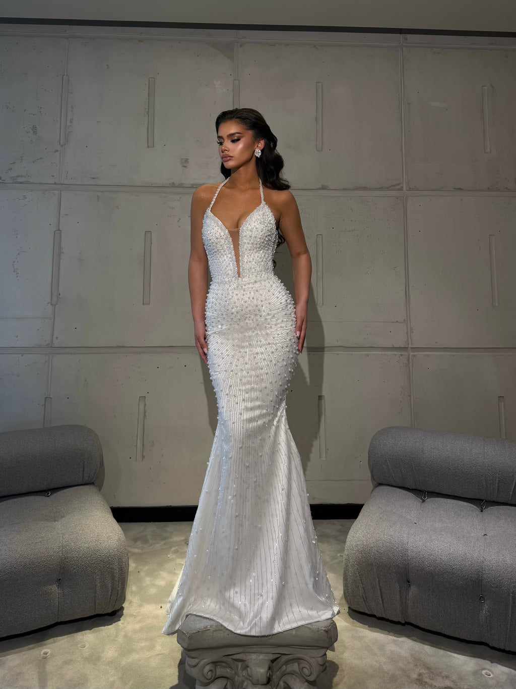 Long Bridal Dress with Pearl Beading and Feather Tulle Cape