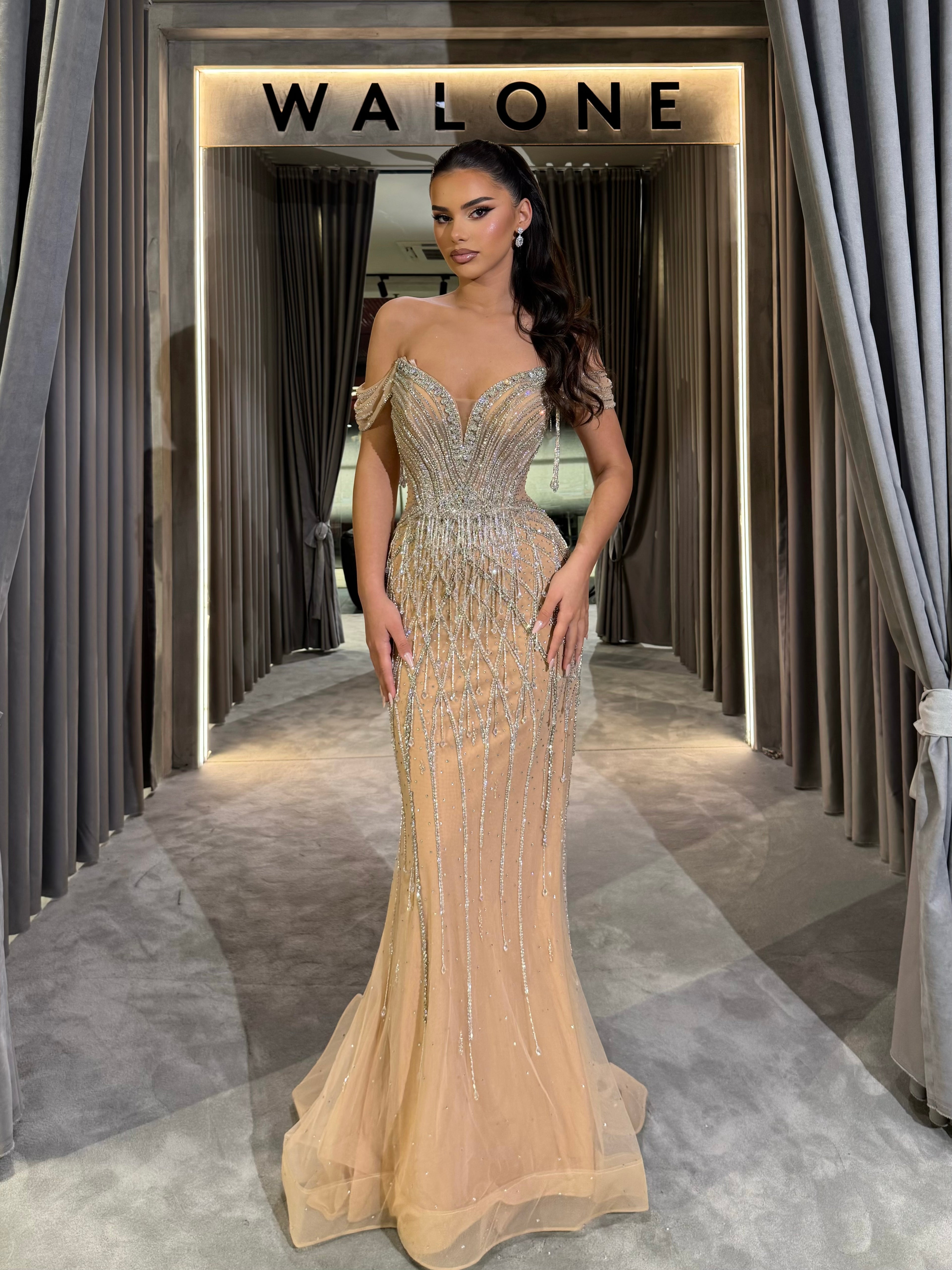 Off-Shoulder Dress with Crystal Drip Embellishments