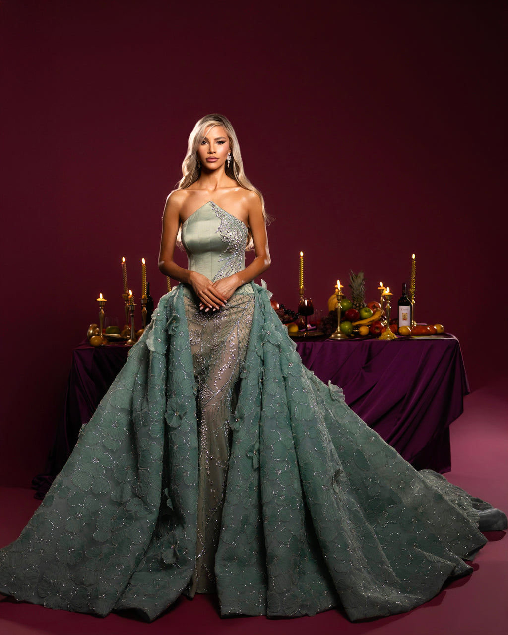 Embroidered Strapless Gown with Floral Train