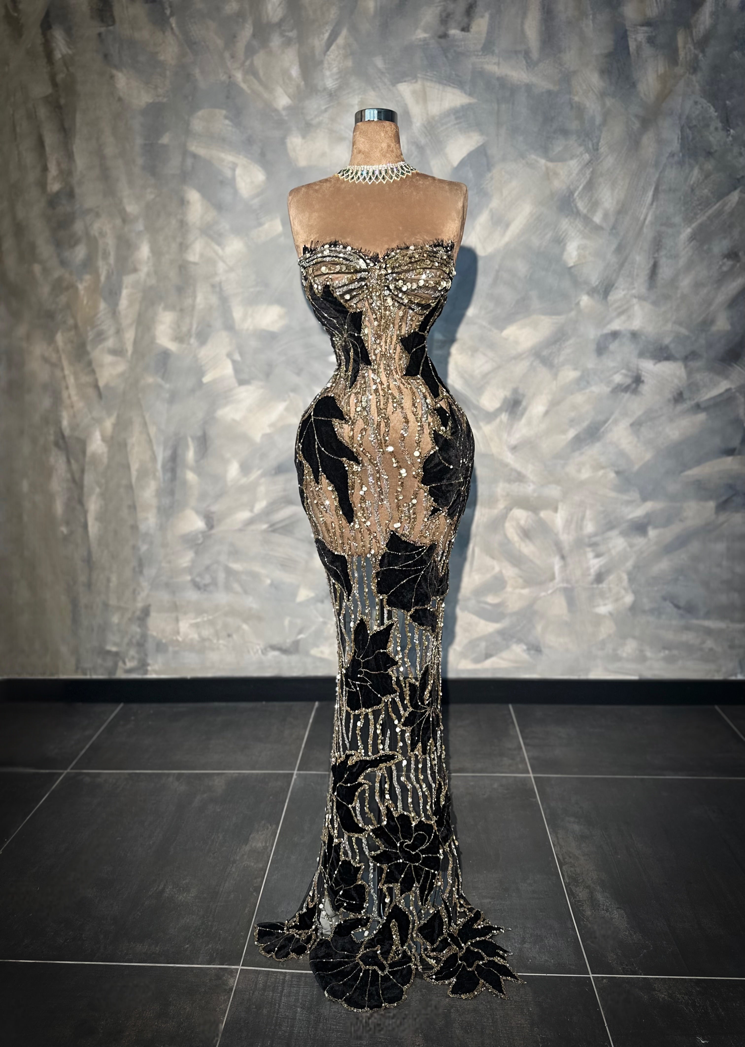 Carmeline - Black & Gold Crystal Gown