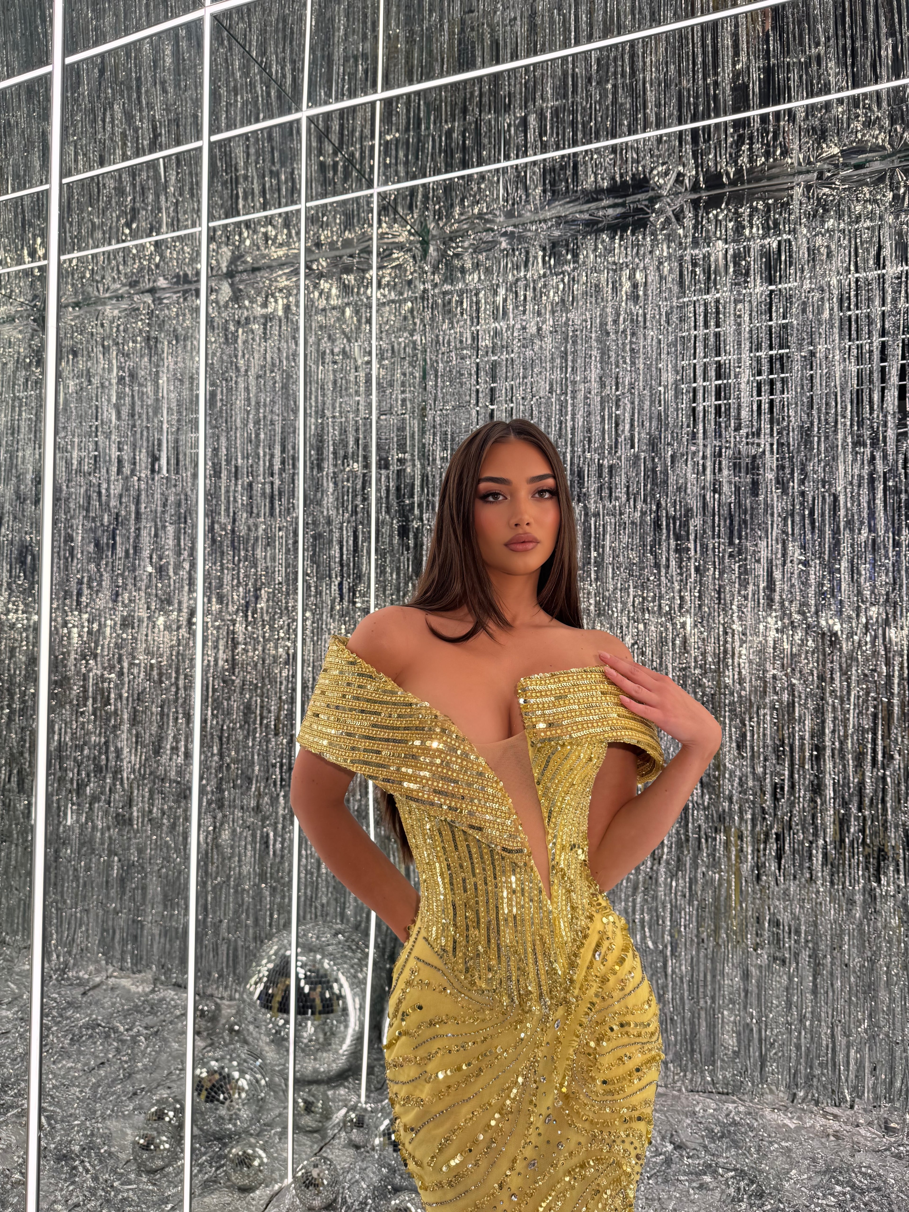 Solara - Gold Crystal Off-Shoulder Mermaid Gown