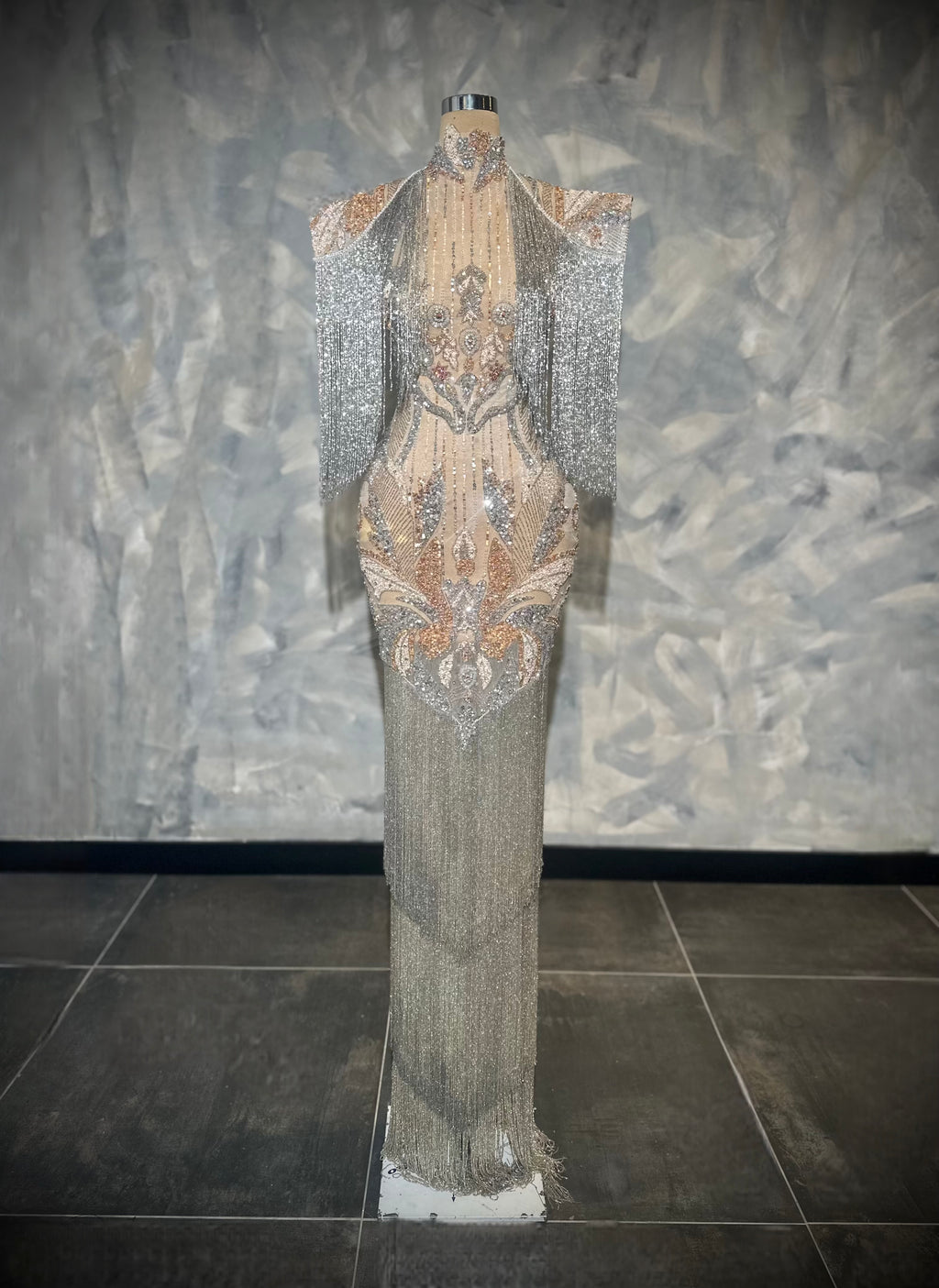 Liénora - Silver & Rose Gold Beaded Fringe Gown