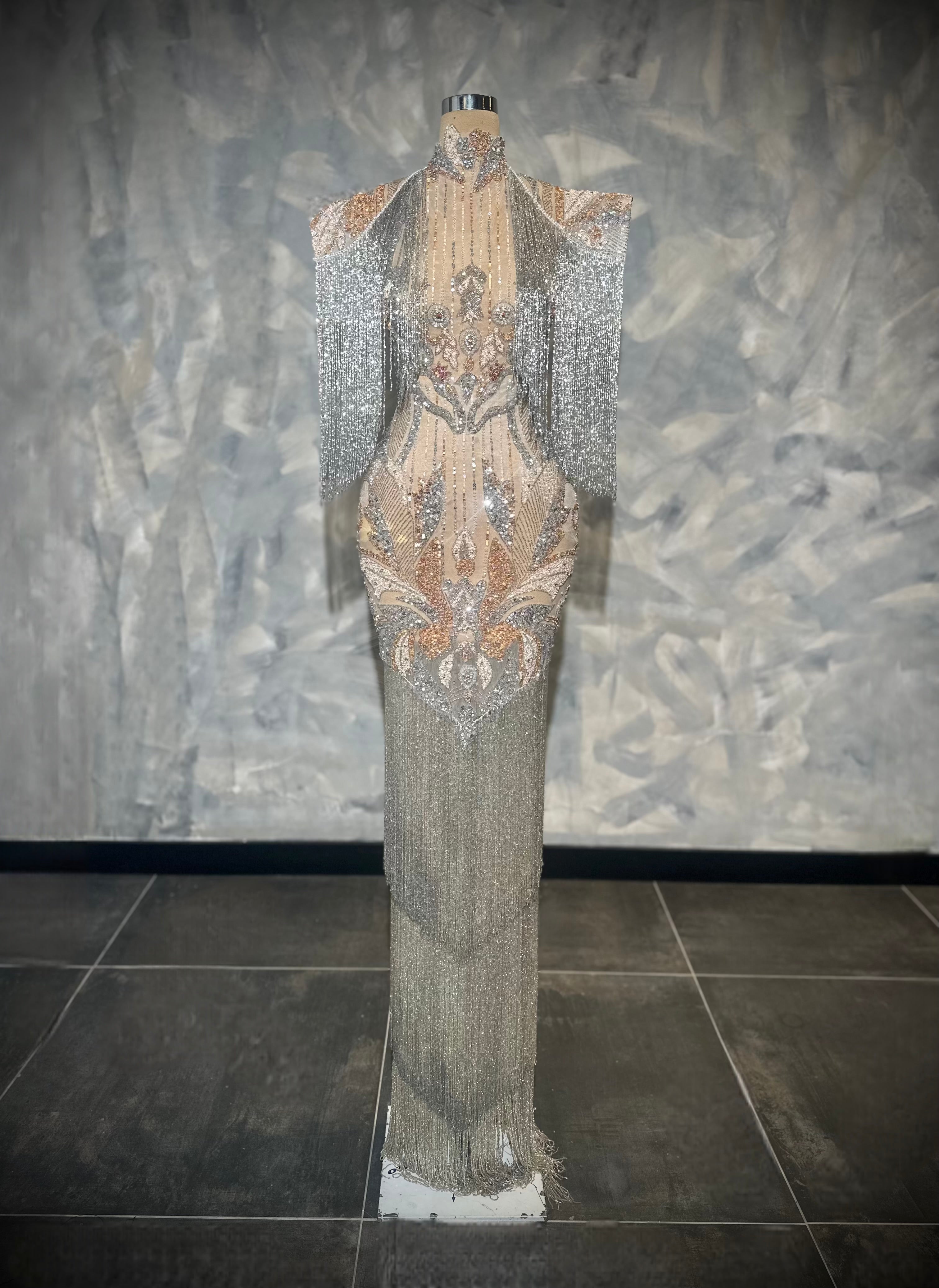 Liénora - Silver & Rose Gold Beaded Fringe Gown