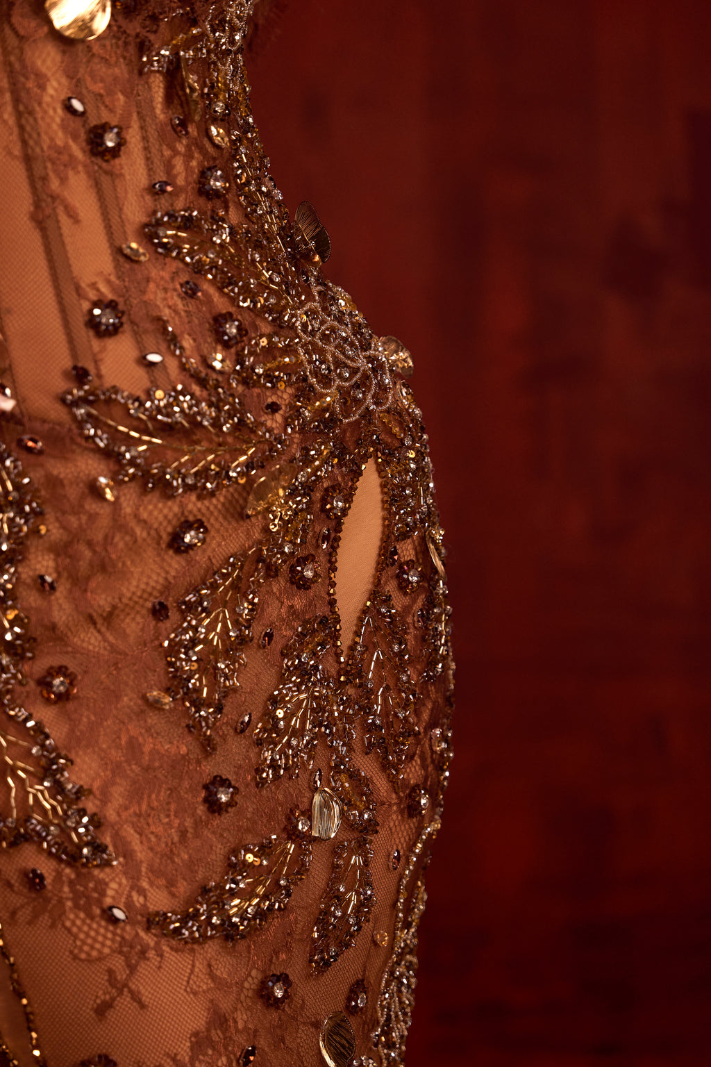 Lurette - Bronze Embellished Off Shoulder Gown