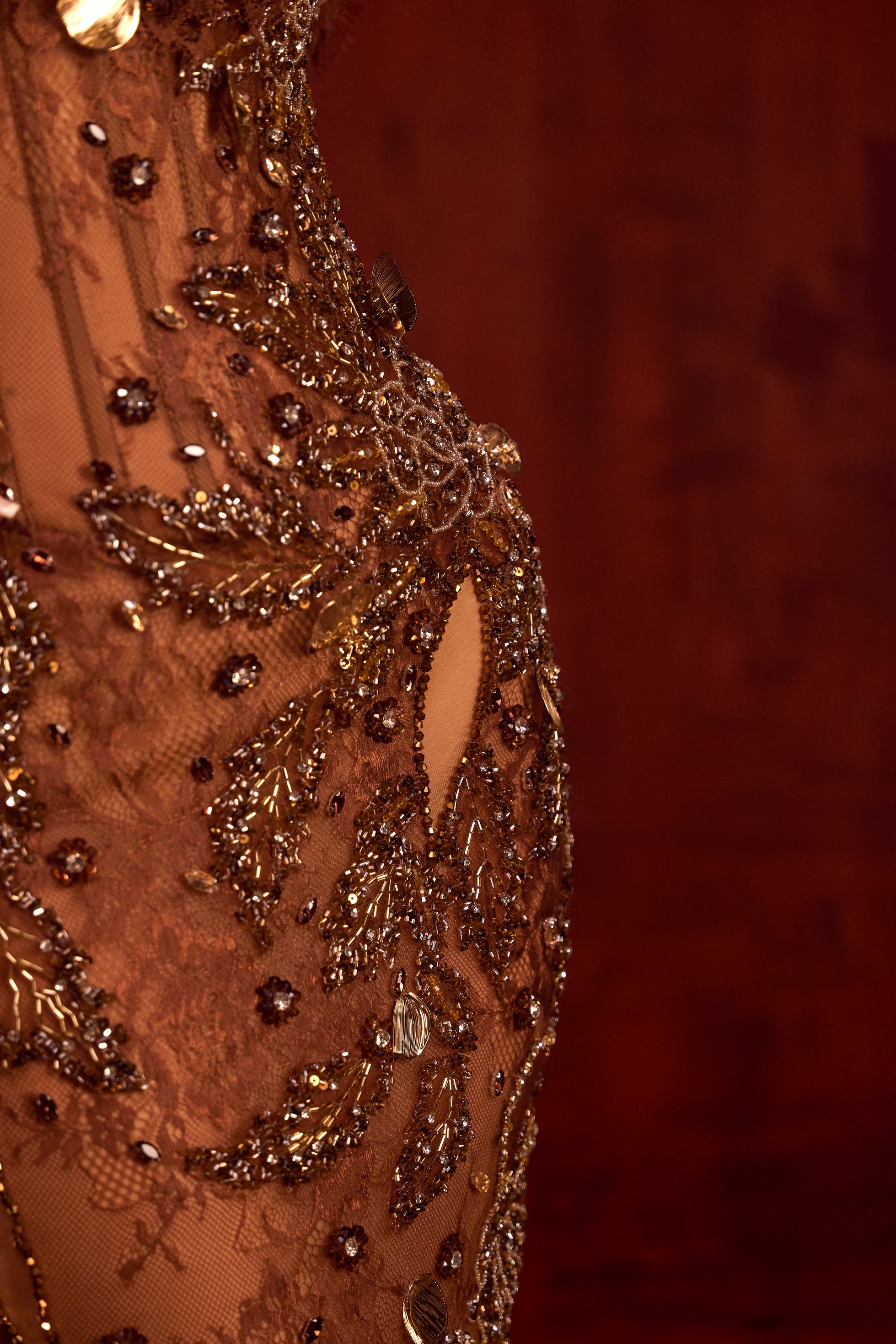 Lurette - Bronze Embellished Off Shoulder Gown