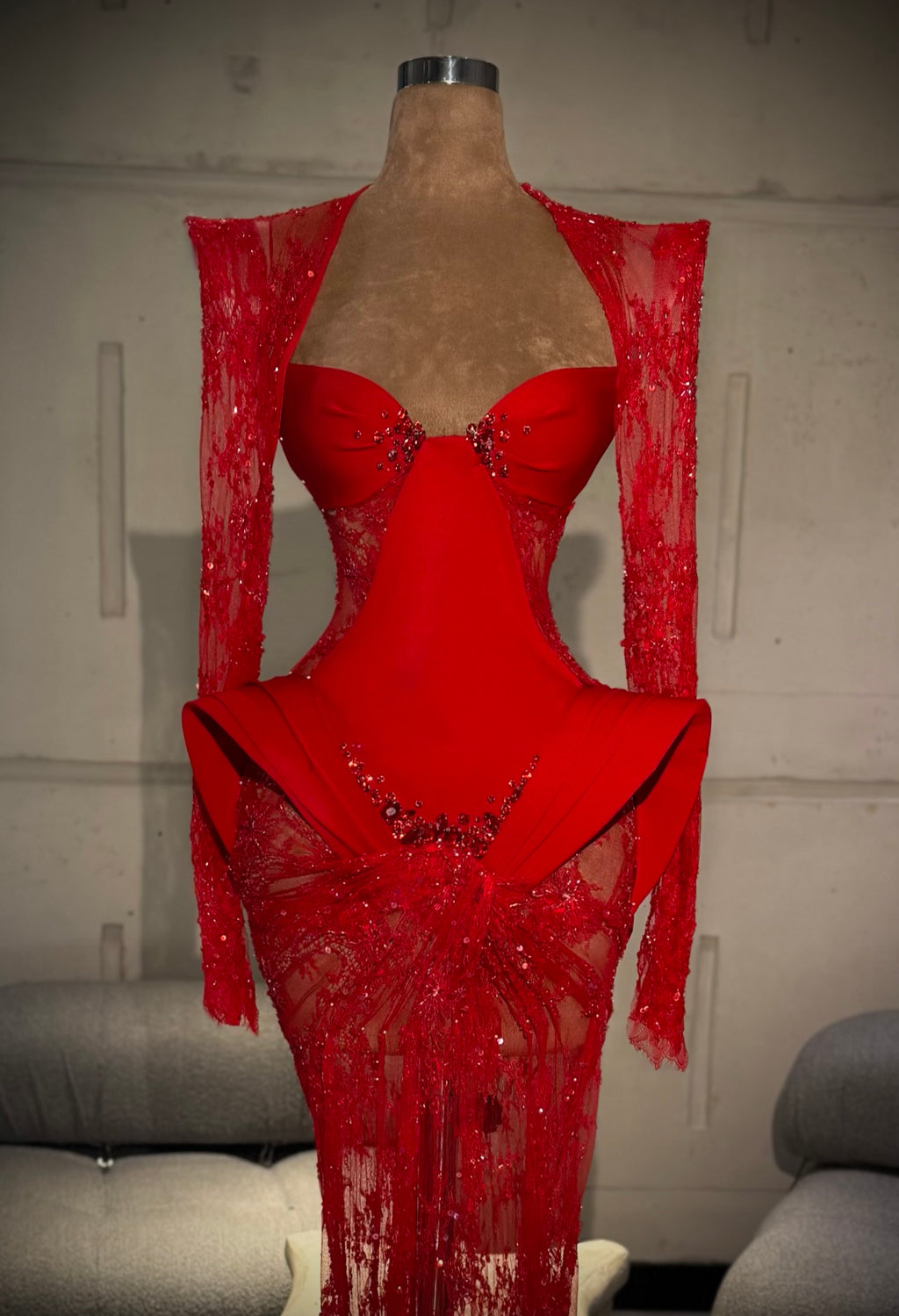 Seliena - Red Gown with Embellished sleeves