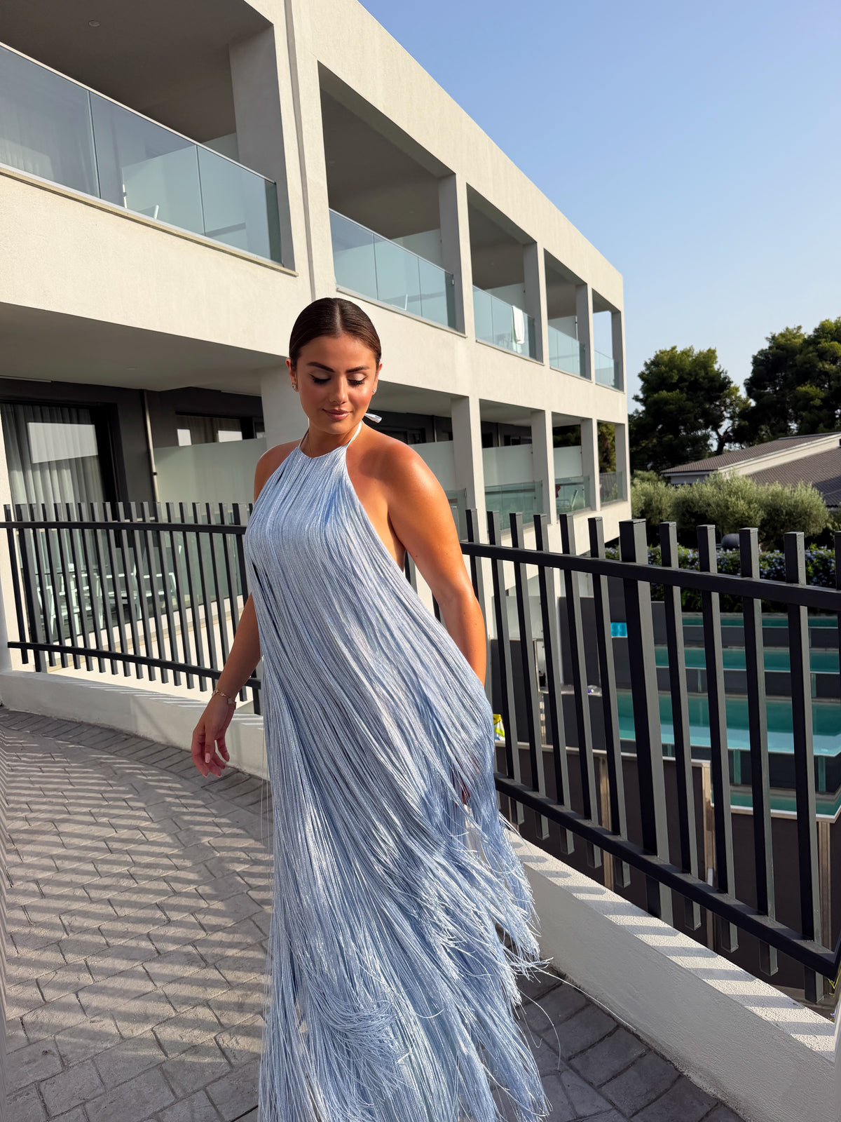 Melina - Halter fringe maxi gown