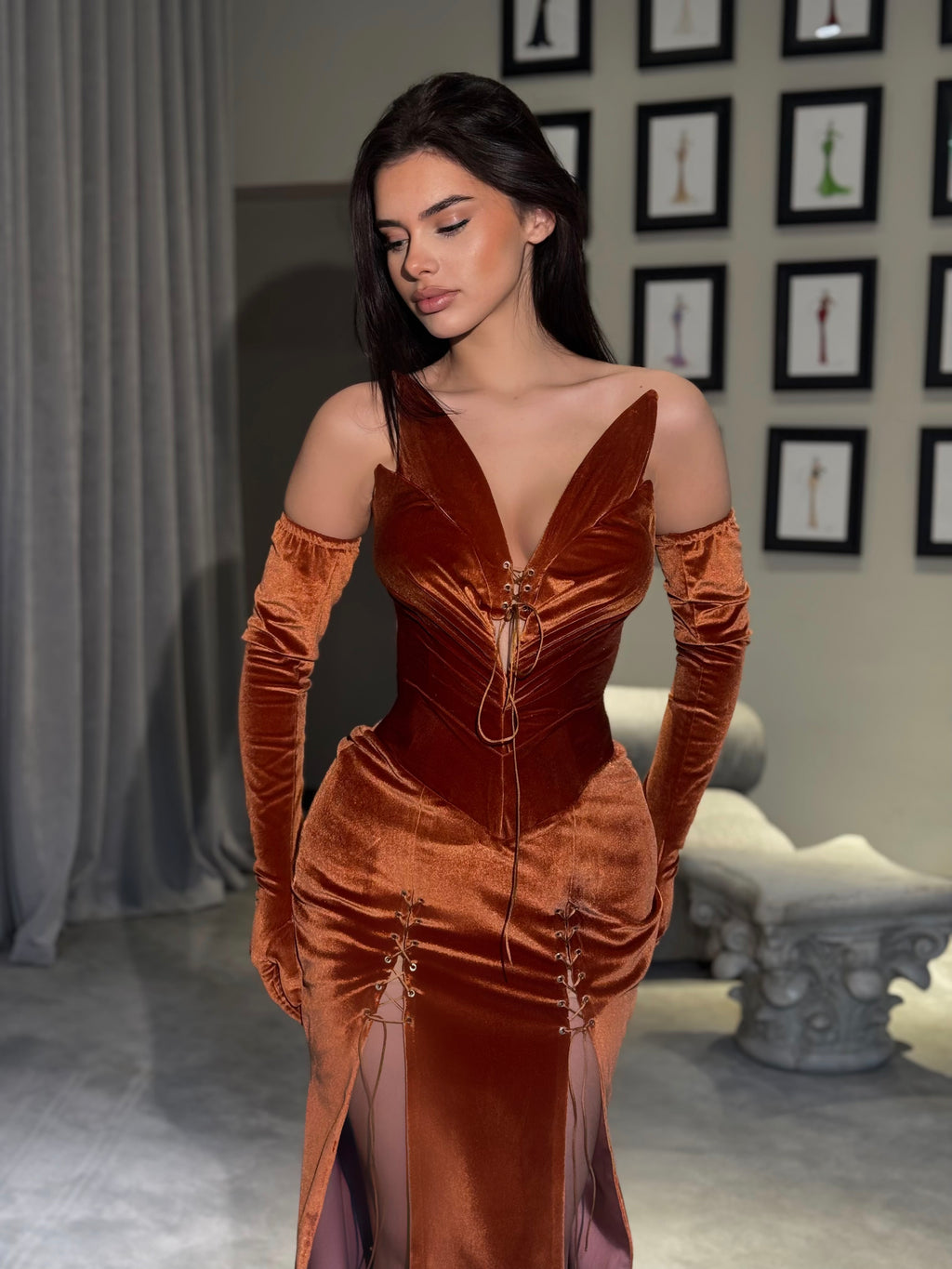 Ravienne - Velvet Corset Gown with High Slits
