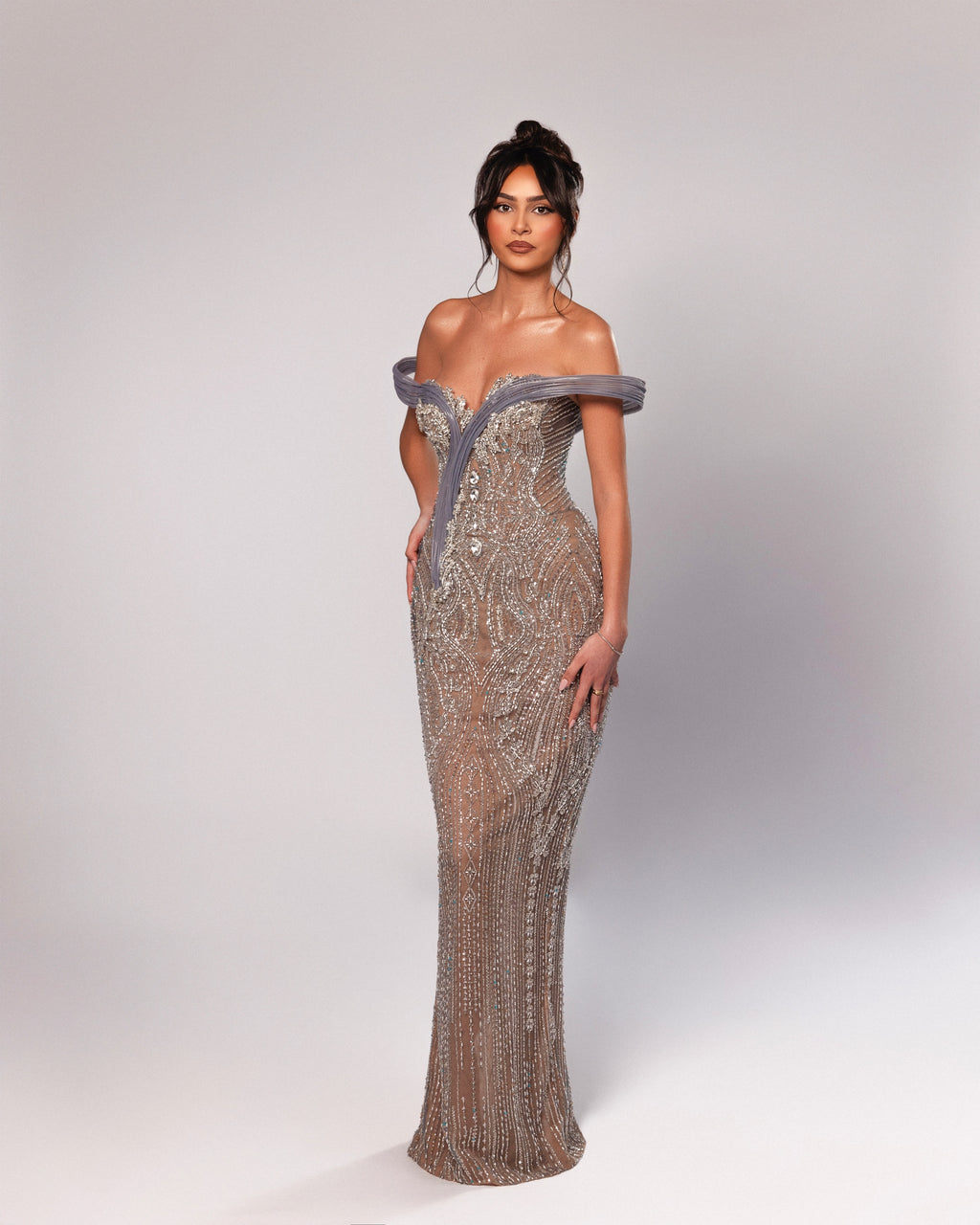 Off shoulder crystal embellished dress