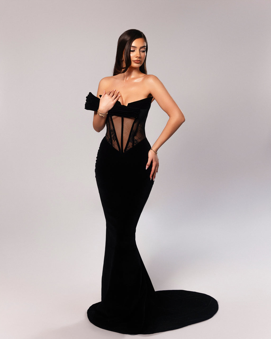 Black Velvet Gown with Sheer Lace Detailing